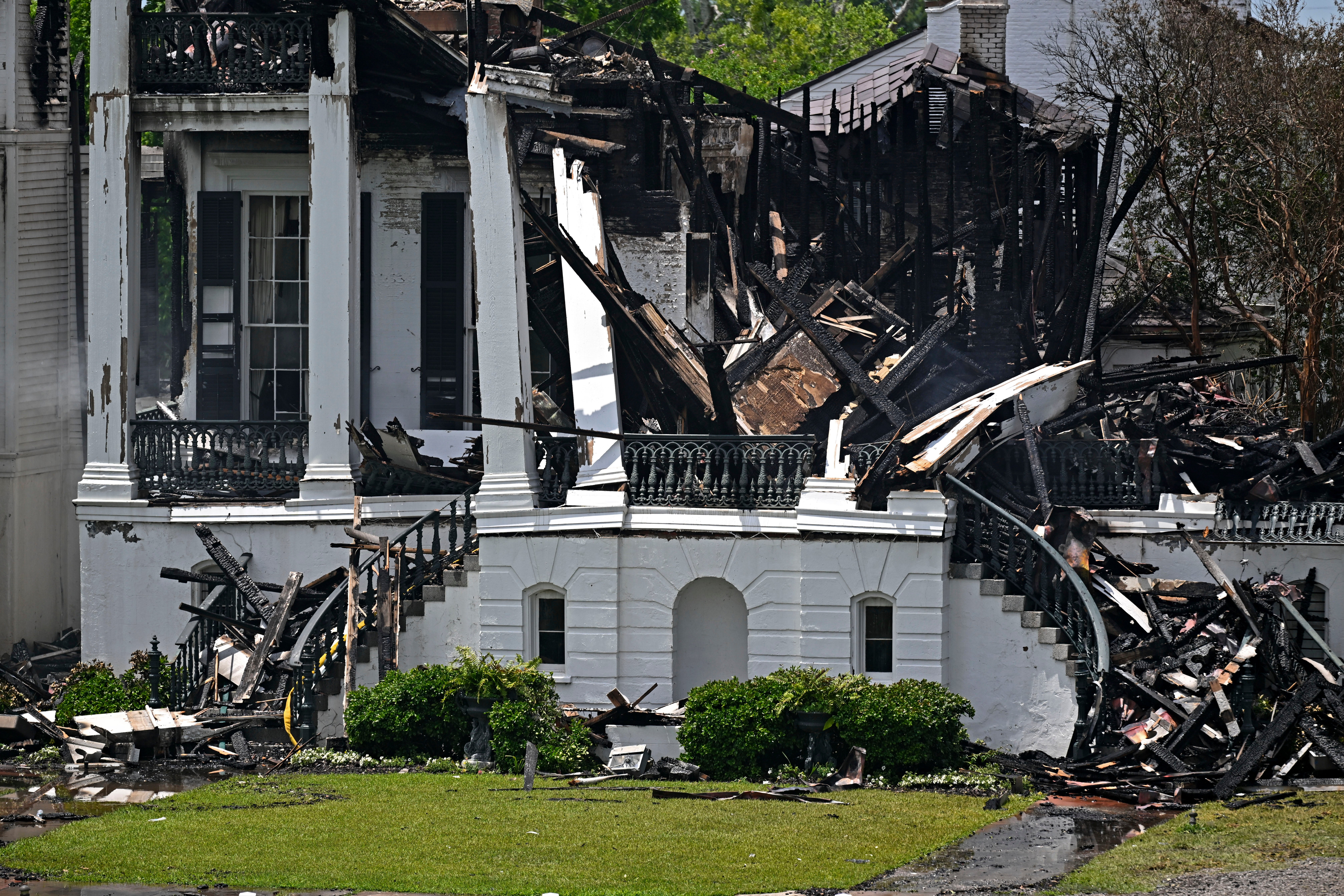Crews remain on scene after a fire engulfed the historic Nottoway Plantation