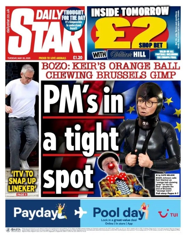 The paper features quotes from pro-Leave former prime minister Boris Johnson who called Sir Keir an ‘orange ball-chewing Brussels gimp’