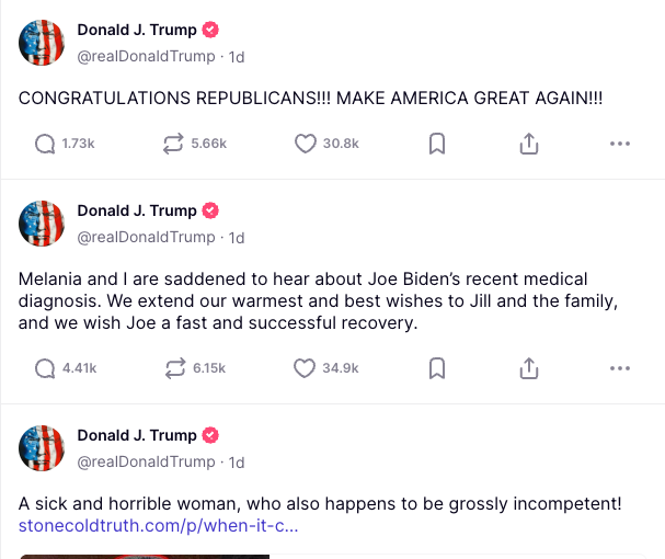 Trump posted capitalized and accusatory statements on either side of the Biden post on Sunday