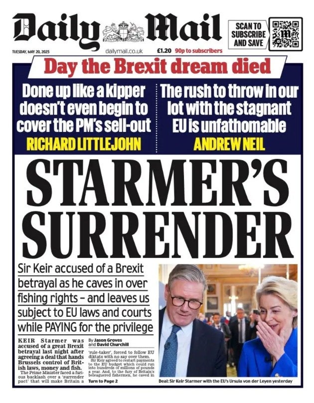 The Daily Mail, which was known to be among the most pro-Leave media, unsurprisingly blasted Mr Starmer and his deal with the headline ‘Starmer’s surrender’