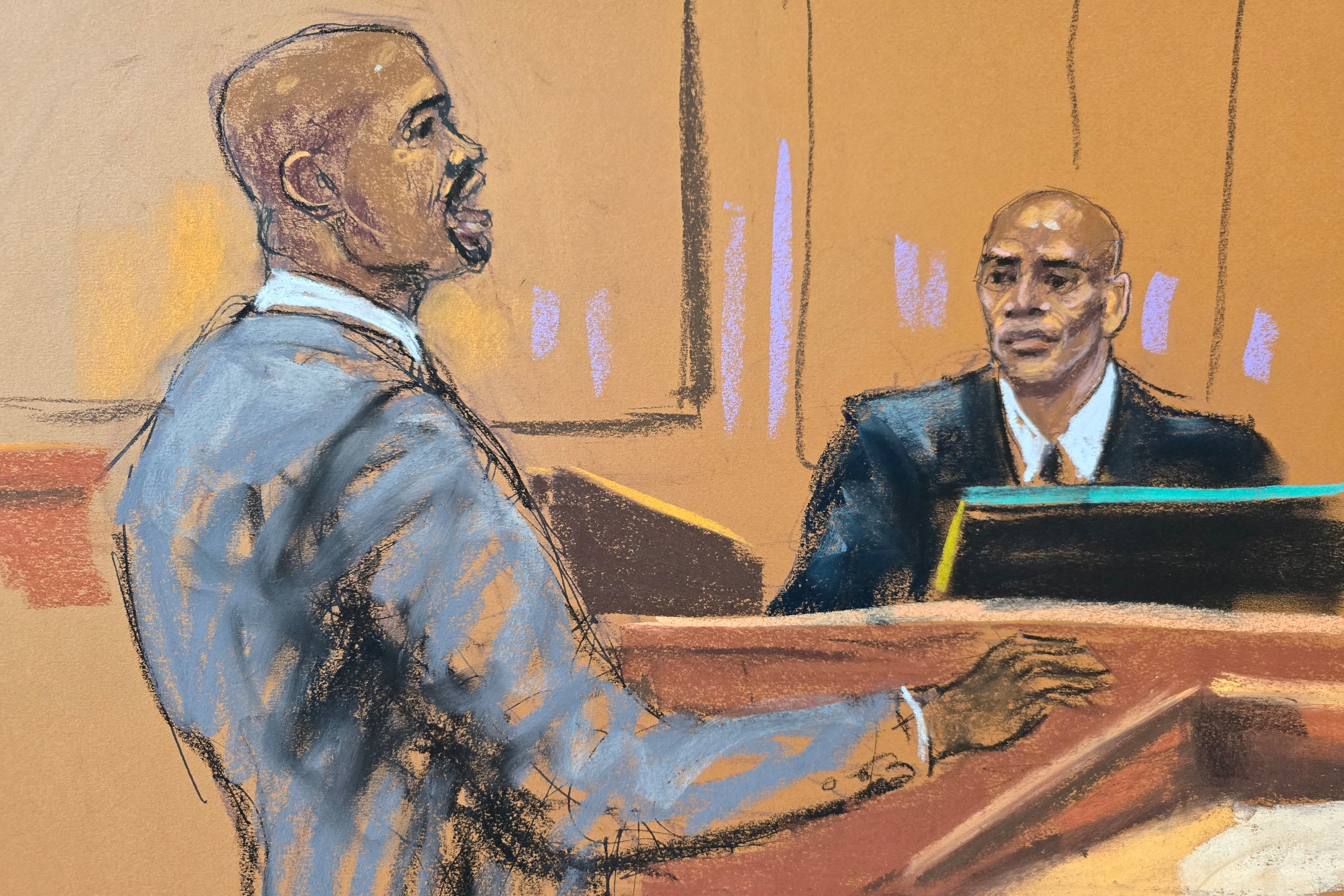 Defense attorney Xavier Donaldson crossp-examines male exotic dancer Sharay Hayes, known as ‘The Punisher’ Tuesday