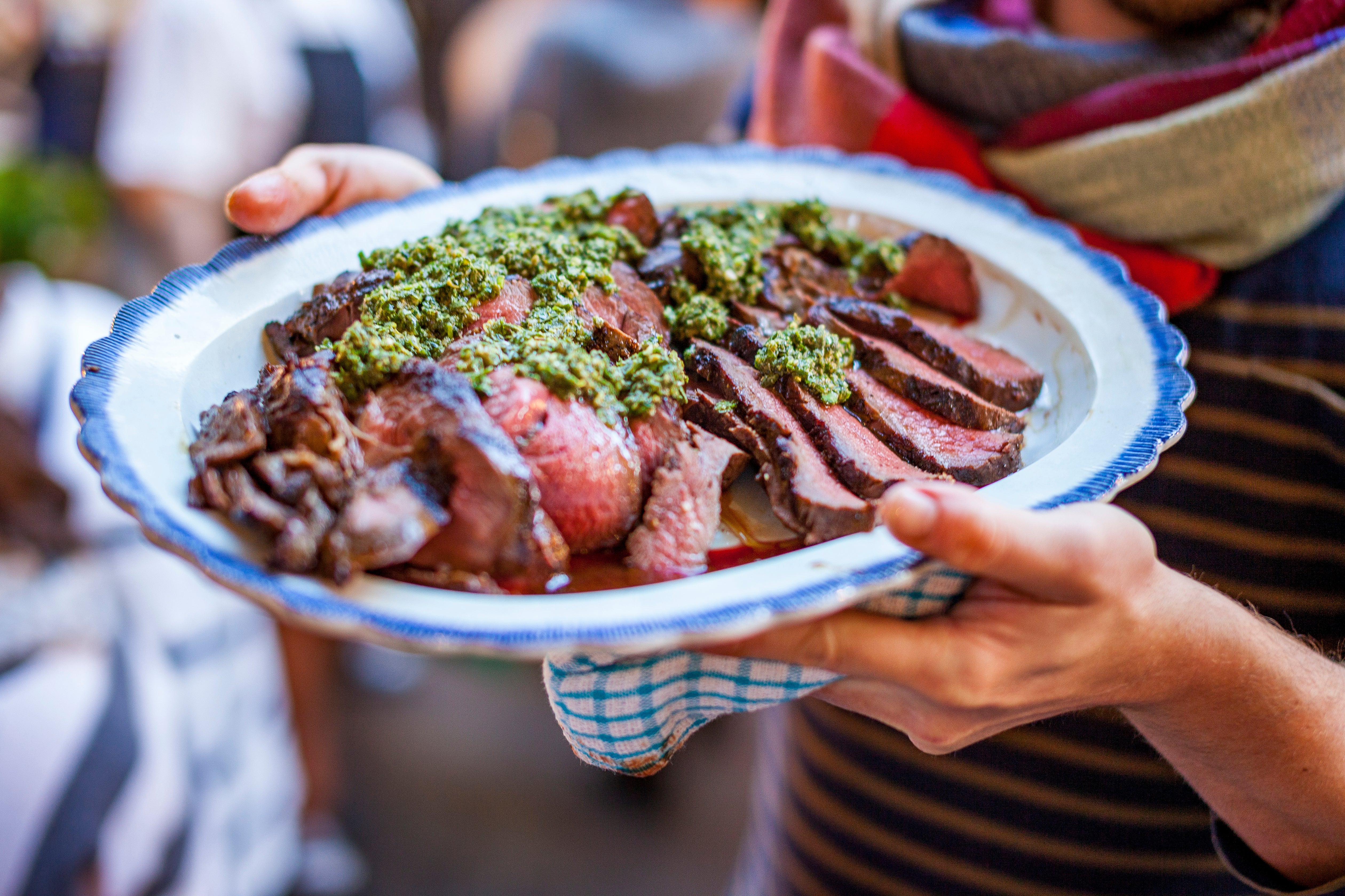 Tom Hunt’s barbecued venison with green sauce is smoky, succulent and perfect for outdoor cooking – if the weather holds