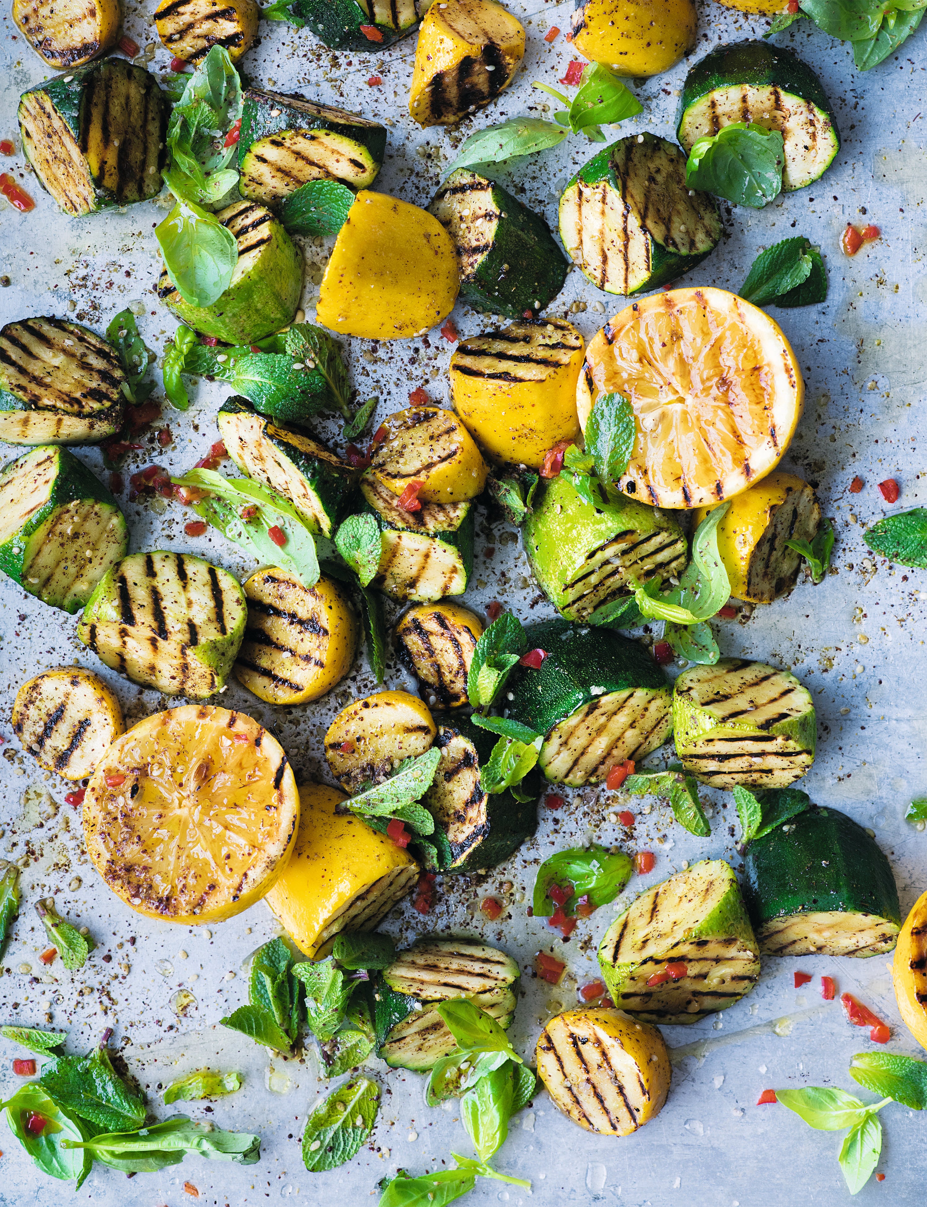 Urvesh Parvais’s griddled courgettes with spicy chickpeas deliver bold, sunshine flavours – no barbecue required