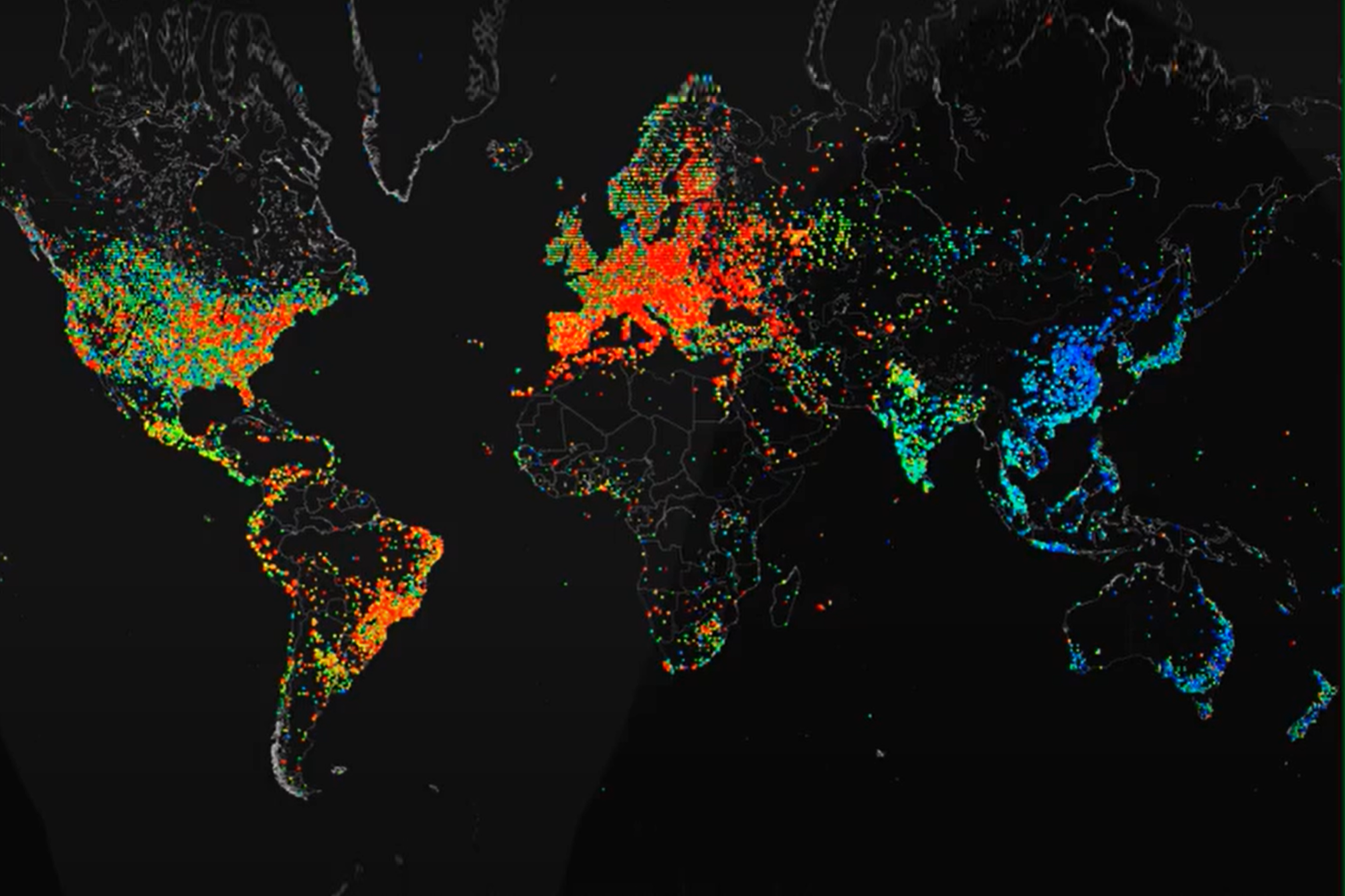 <p>Going viral: A world map showing IP addresses infected with the Carna botnet of 2012, a large-scale cyberattack</p>
