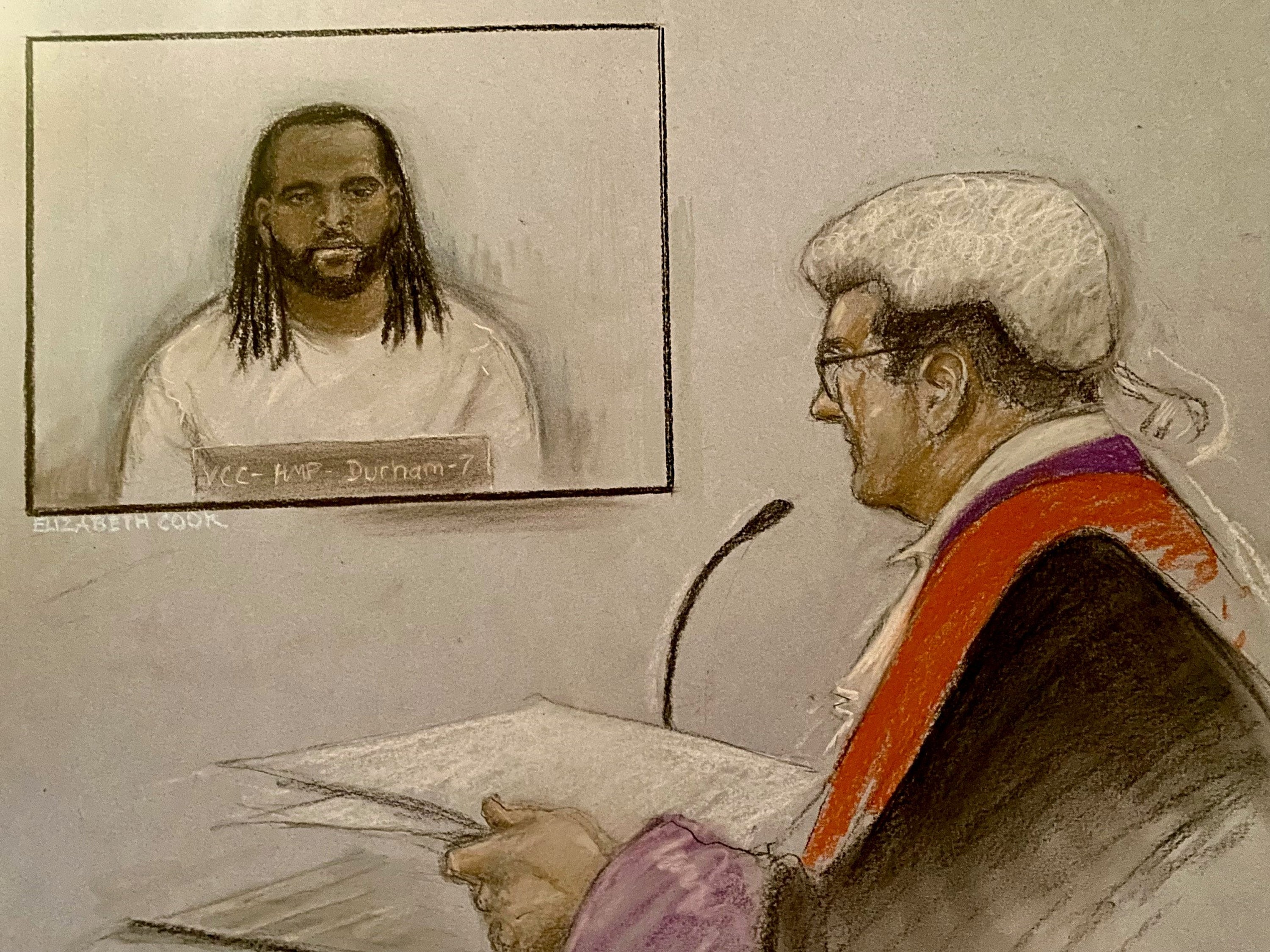 Court artist sketch of Jay Emmanuel-Thomas appearing at Chelmsford Crown Court via video-link from HMP Durham last October