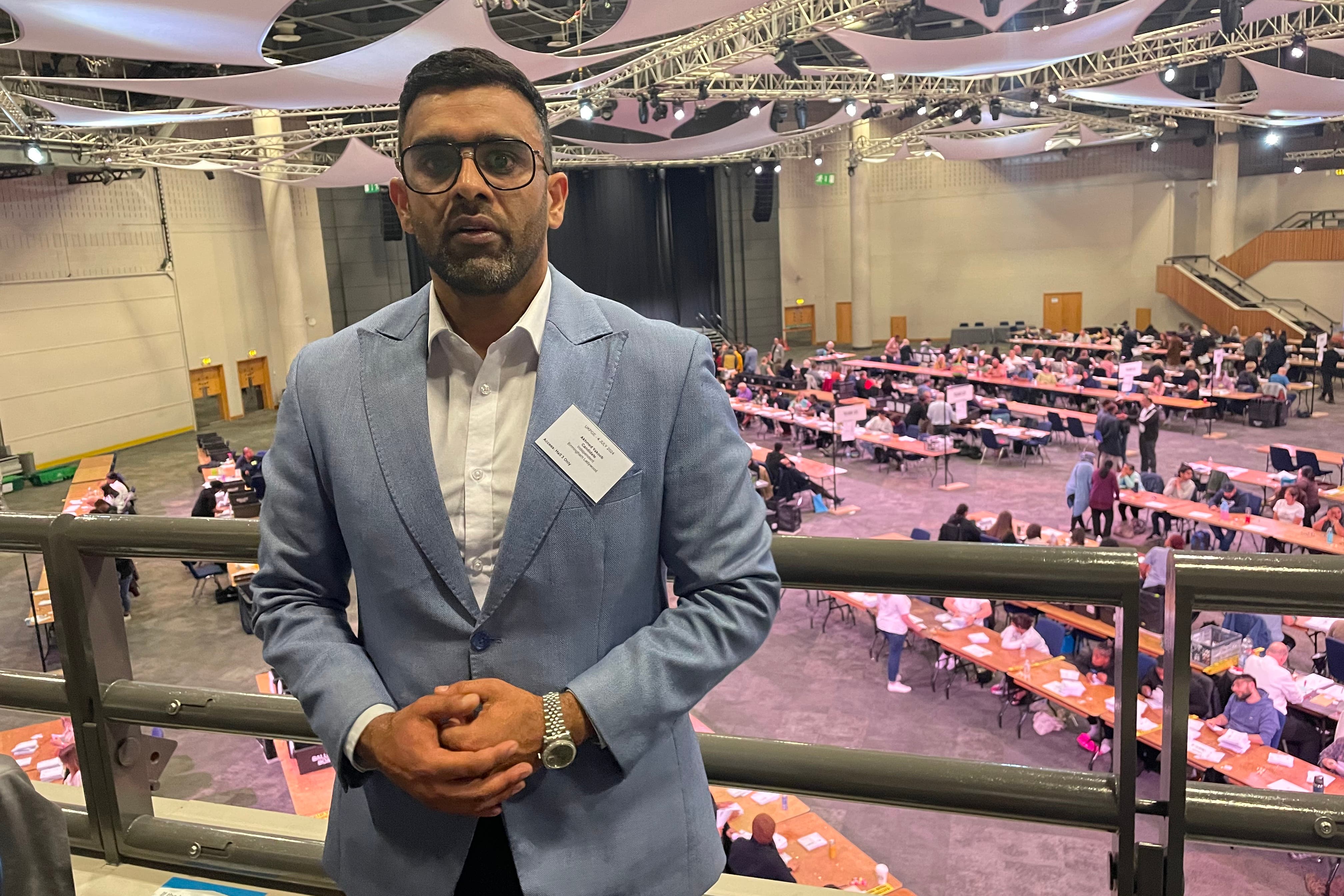 Akhmed Yakoob pictured at the election count in Birmingham on July 4 2024 (Matthew Cooper/PA)