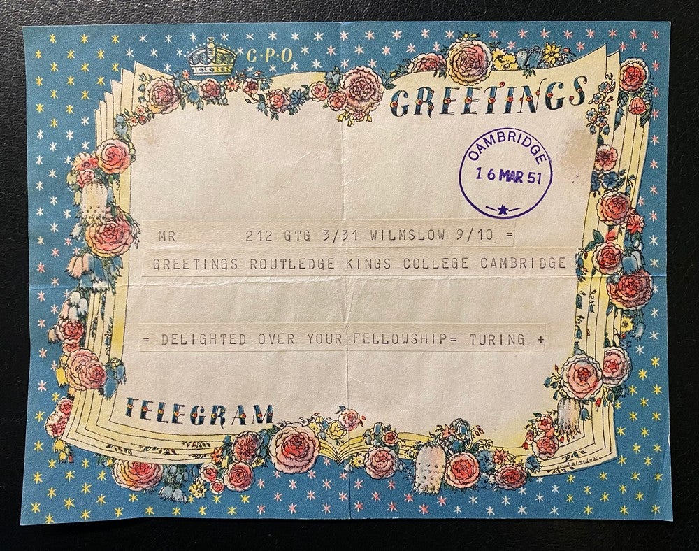 Among the collection is a telegram sent from Mr Turing to his friend and fellow mathematician Norman Routledge
