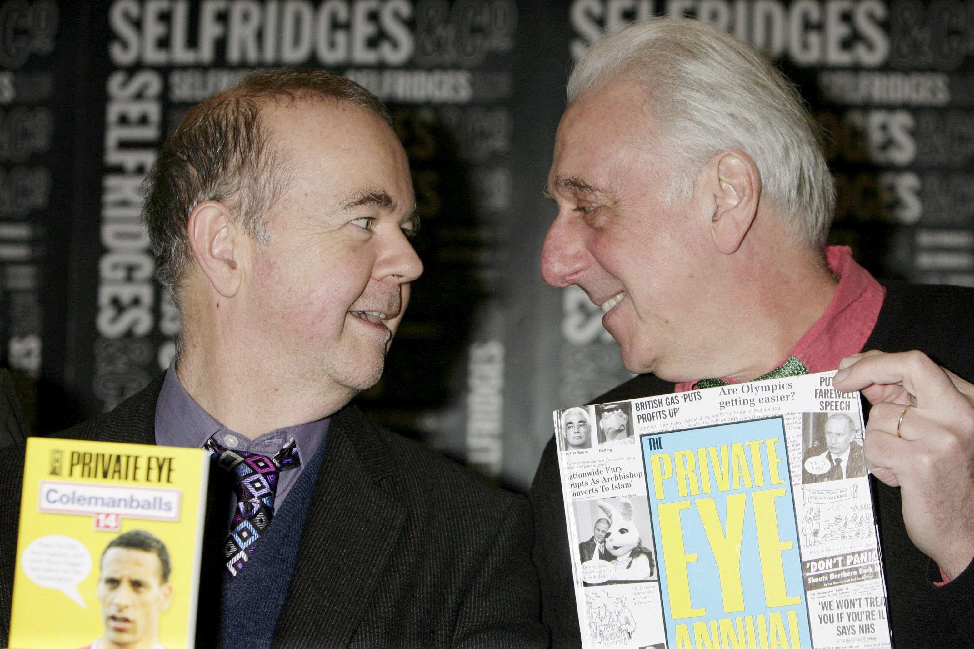 Ian Hislop and Barry Fantoni during a signing session for the Private Eye Annual 2008 (Yui Mok/PA)