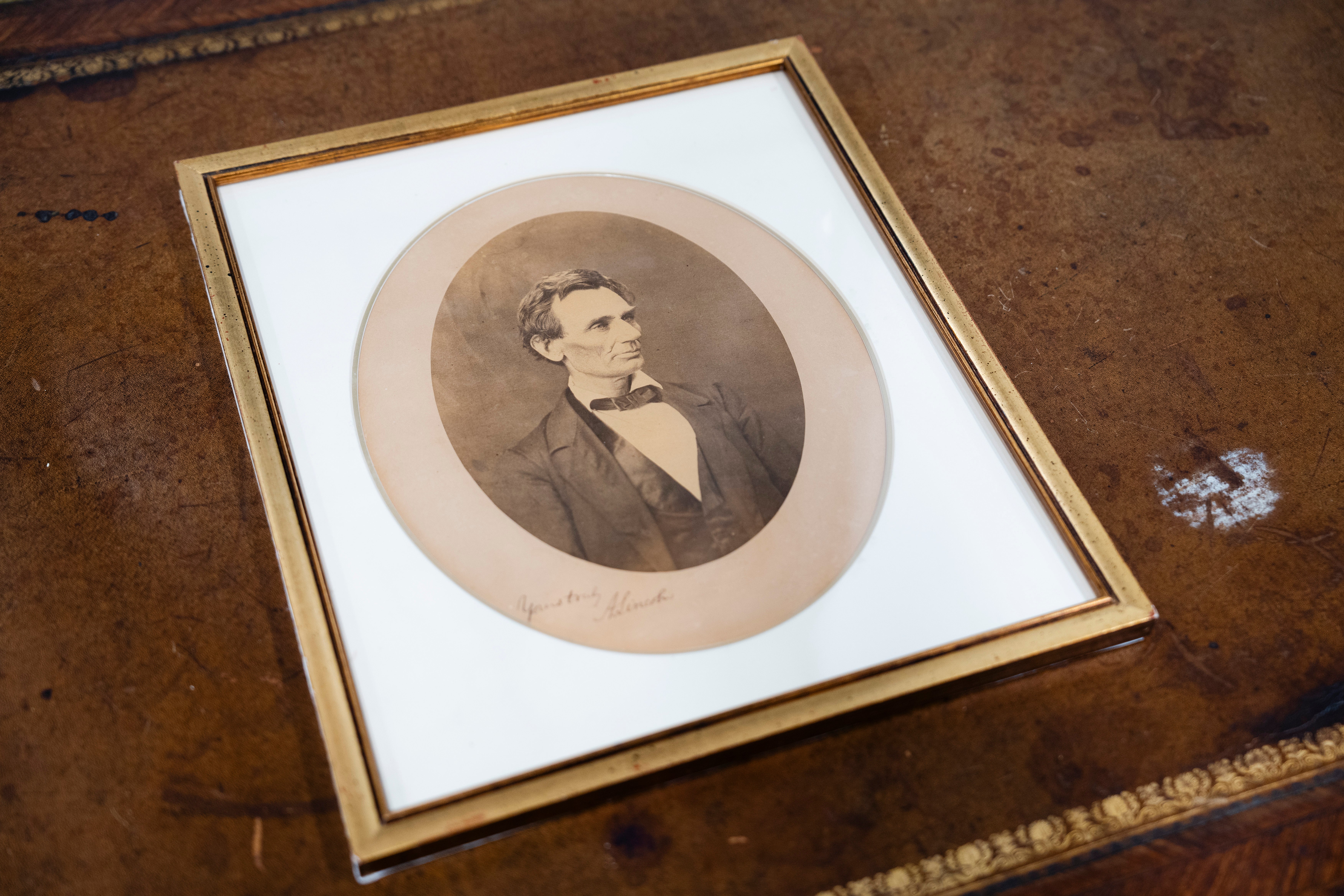 A portrait of Abraham Lincoln, which was signed by him and taken by Alexander Hesler, is on display at Freeman's | Hindman in West Loop, Chicago, May 15, 2025. (Pat Nabong/Chicago Sun-Times via AP)