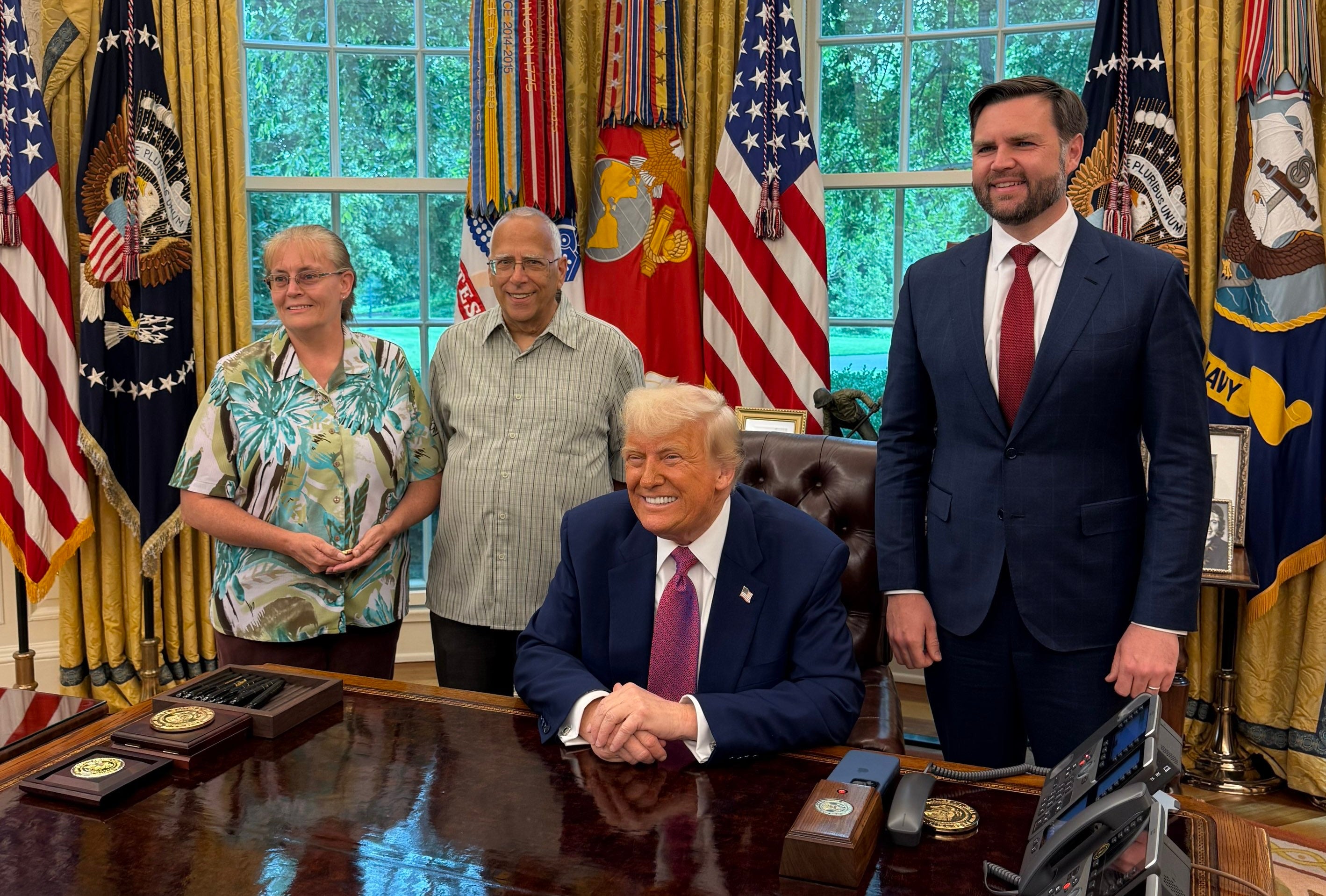 Louis Preovst (second left) and his wife Deborah were photographed in the Oval Office besides Donald Trump and JD Vance on Tuesday