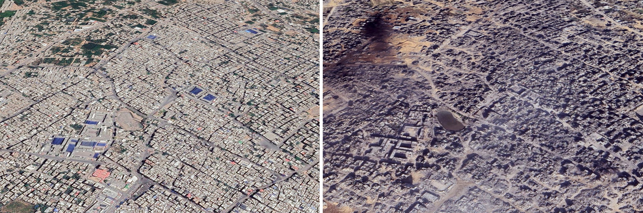 Jabalia refugee camp in Gaza, pictured on 15 July 2023, and nearly 18 months later on 1 December 2024