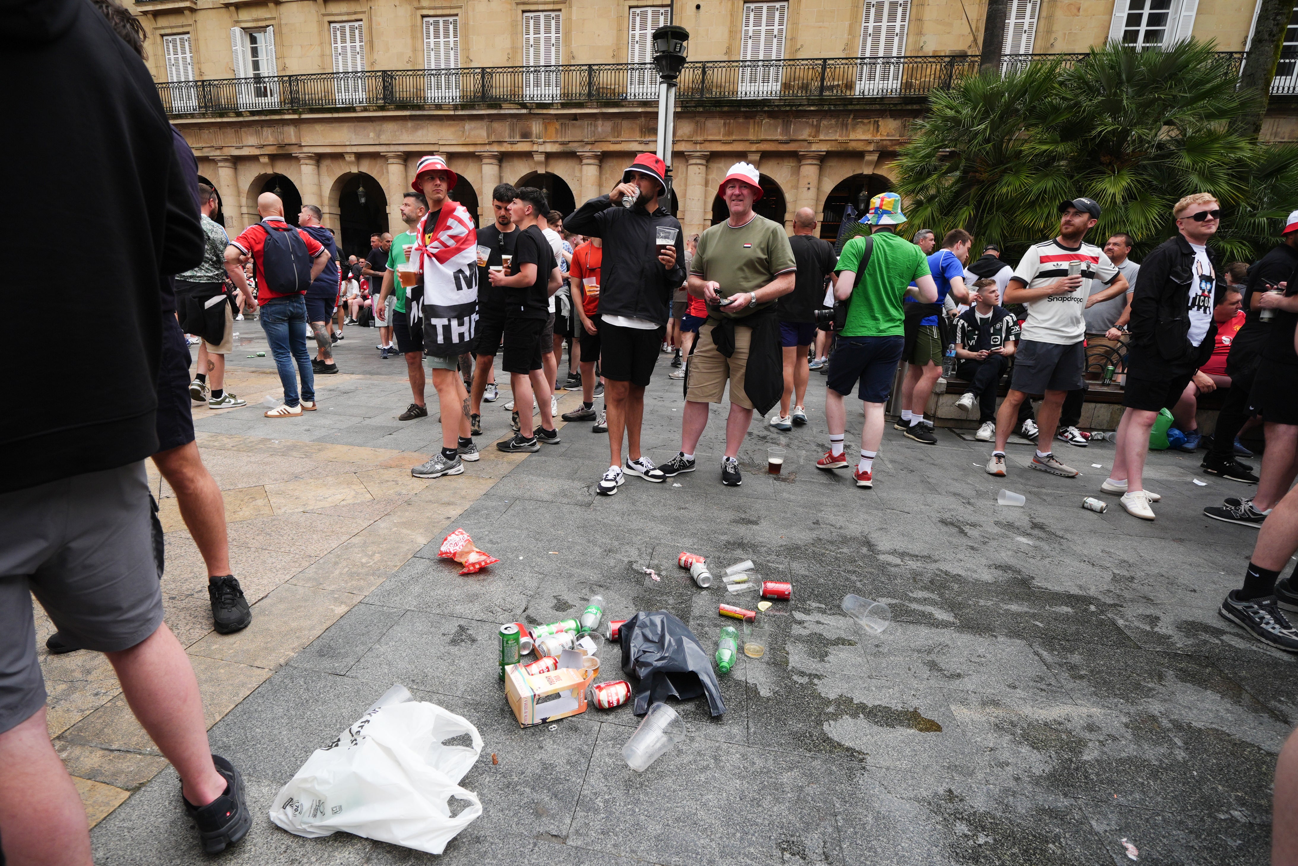 Manchester United fans in Plaza Nueva square ahead of the UEFA Europa League final at the Estadio de San Mames, Bilbao, Spain on Wednesday 21 May