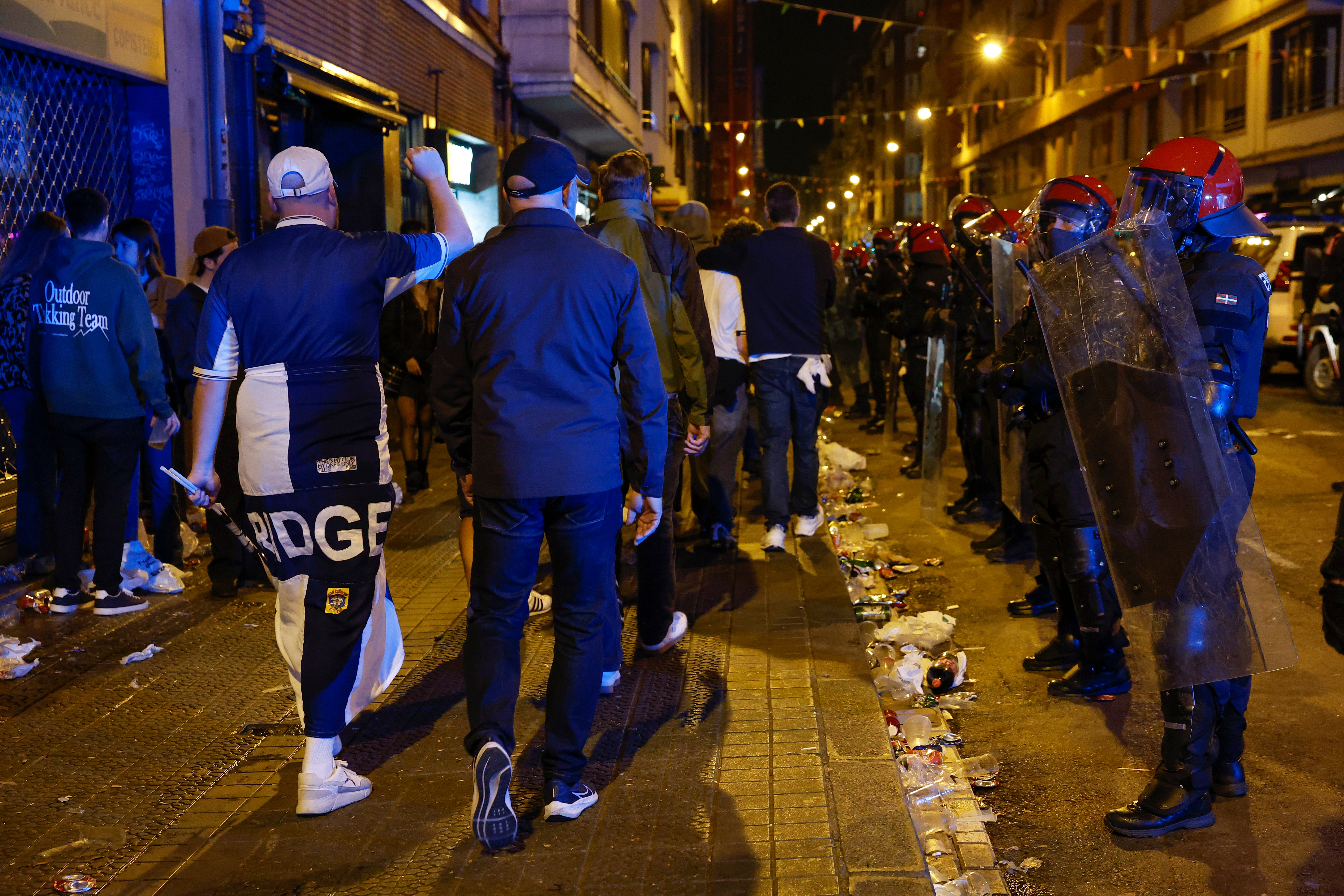 Basque Police line up as supporters leave the stadium after the UEFA Europa League final football match between Tottenham Hotspur and Manchester United, in Bilbao, Spain on 21 May