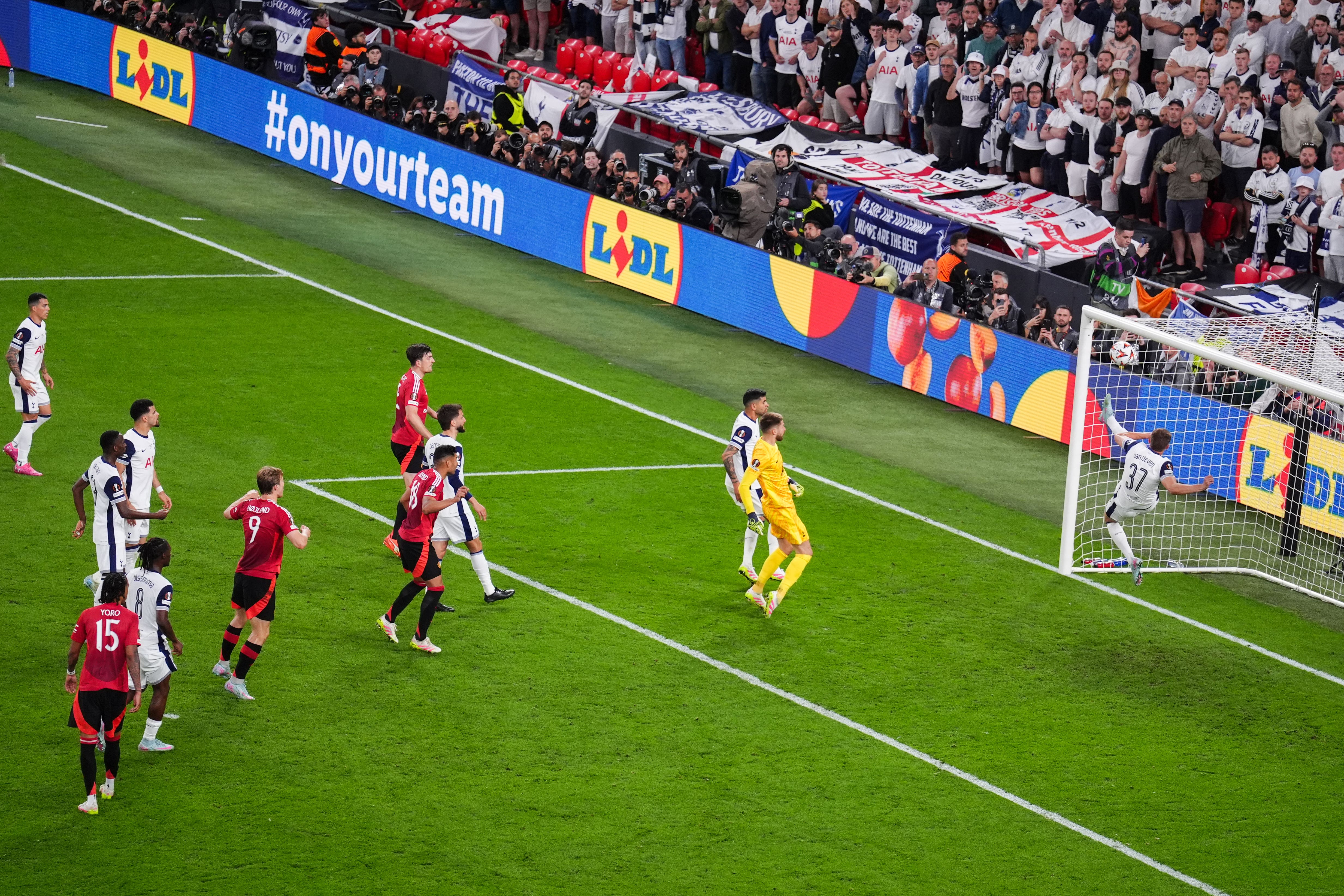 Micky van de Ven’s miraculous clearance off the line in Tottenham’s 1-0 win over Manchester United in the Europa League final (Andrew Milligan/PA)