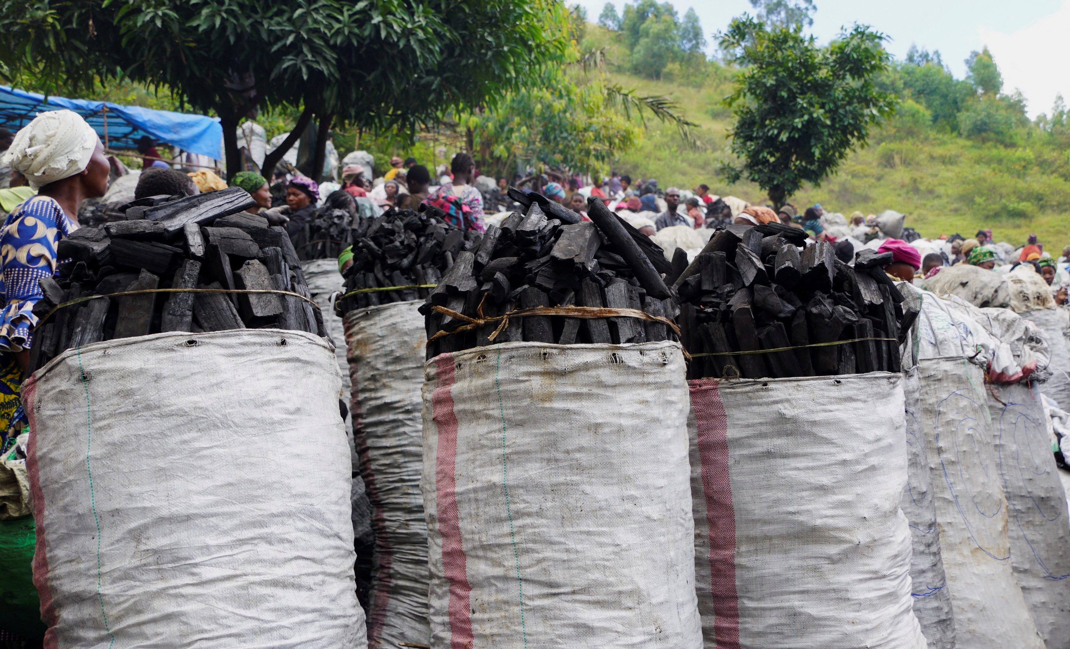 Vendors trade at the charcoal market in Murhesa, as improved access to markets drives up supply, raising alarm over environmental degradation and the growing threat to Kahuzi-Biega National Park