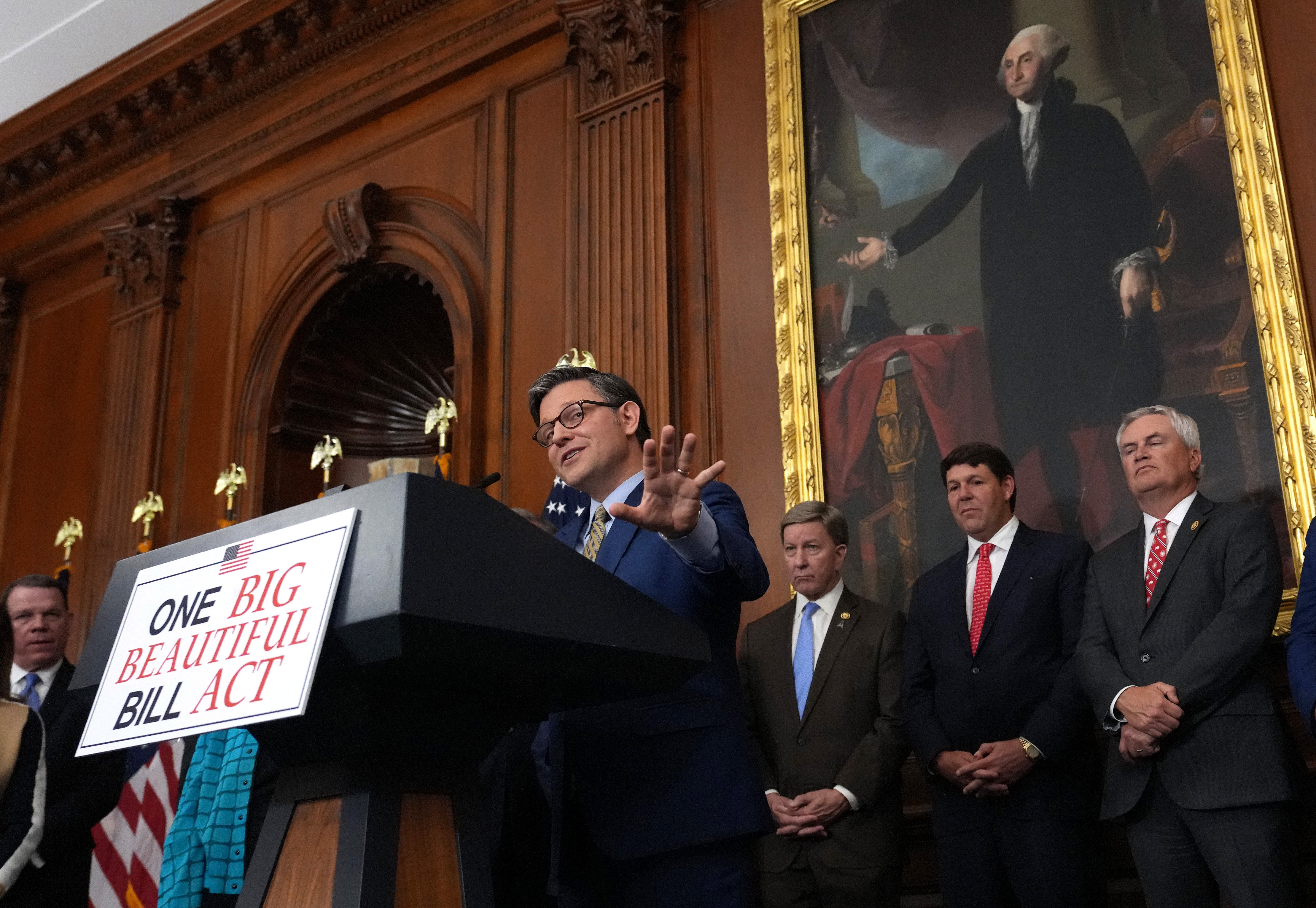 Speaker Mike Johnson speaks to the press after the bill’s narrow passage.