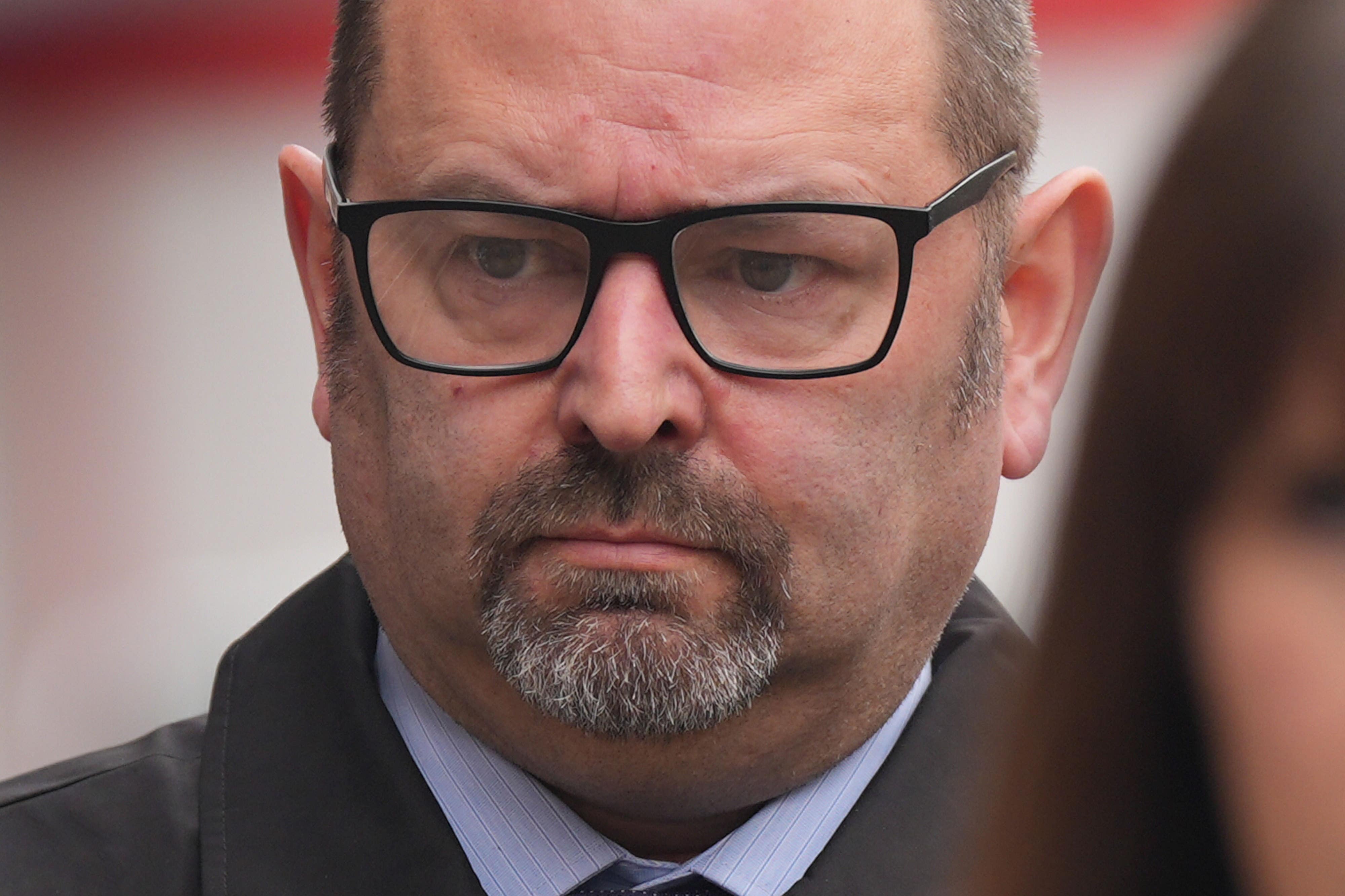 Pc Stephen Smith leaving Westminster Magistrates’ Court after an earlier appearance (Yui Mok/PA)