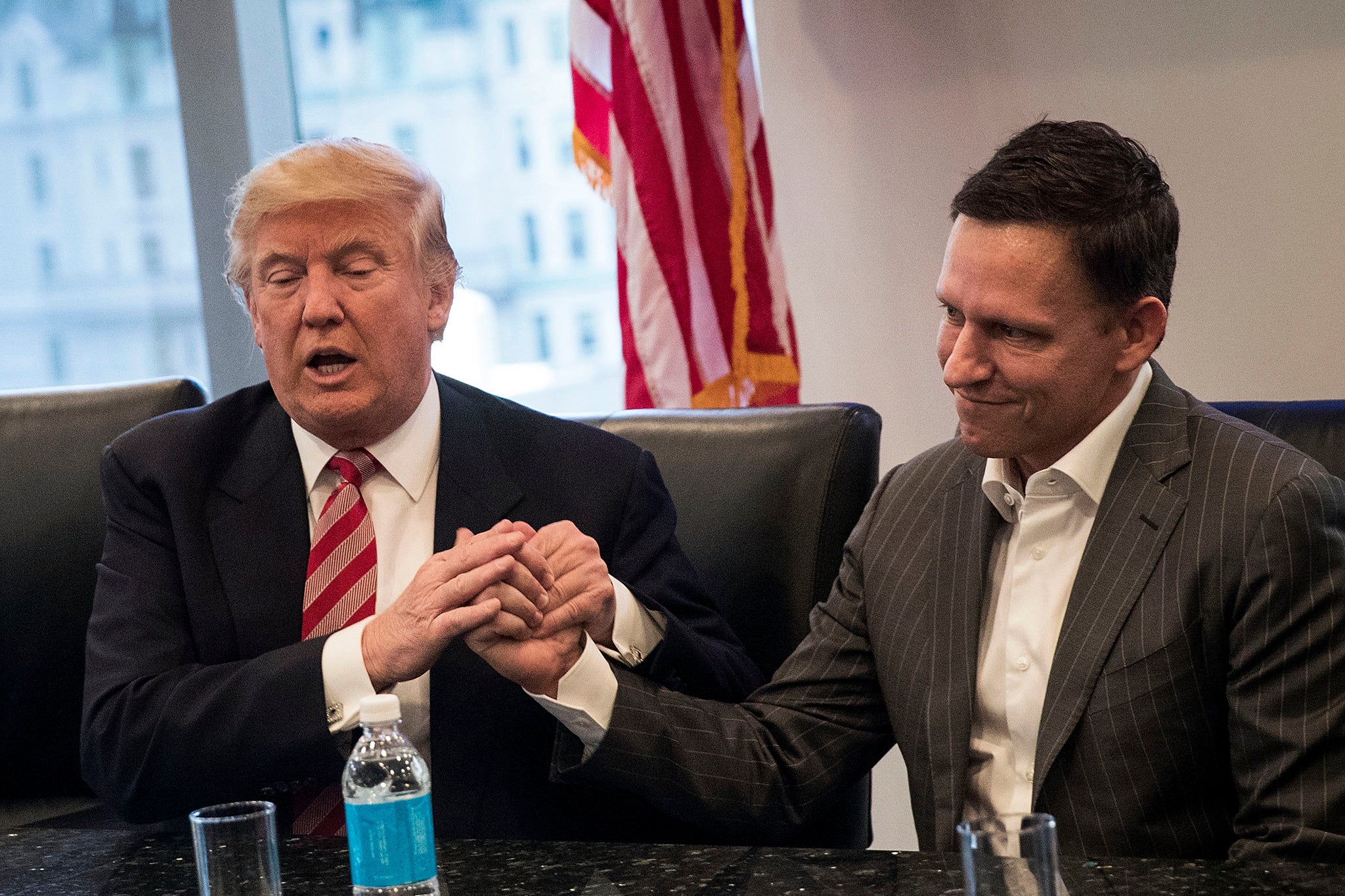 Peter Thiel, pictured here with Trump 11 years ago, is a libertarian with a penchant for obscure reactionary philosophy
