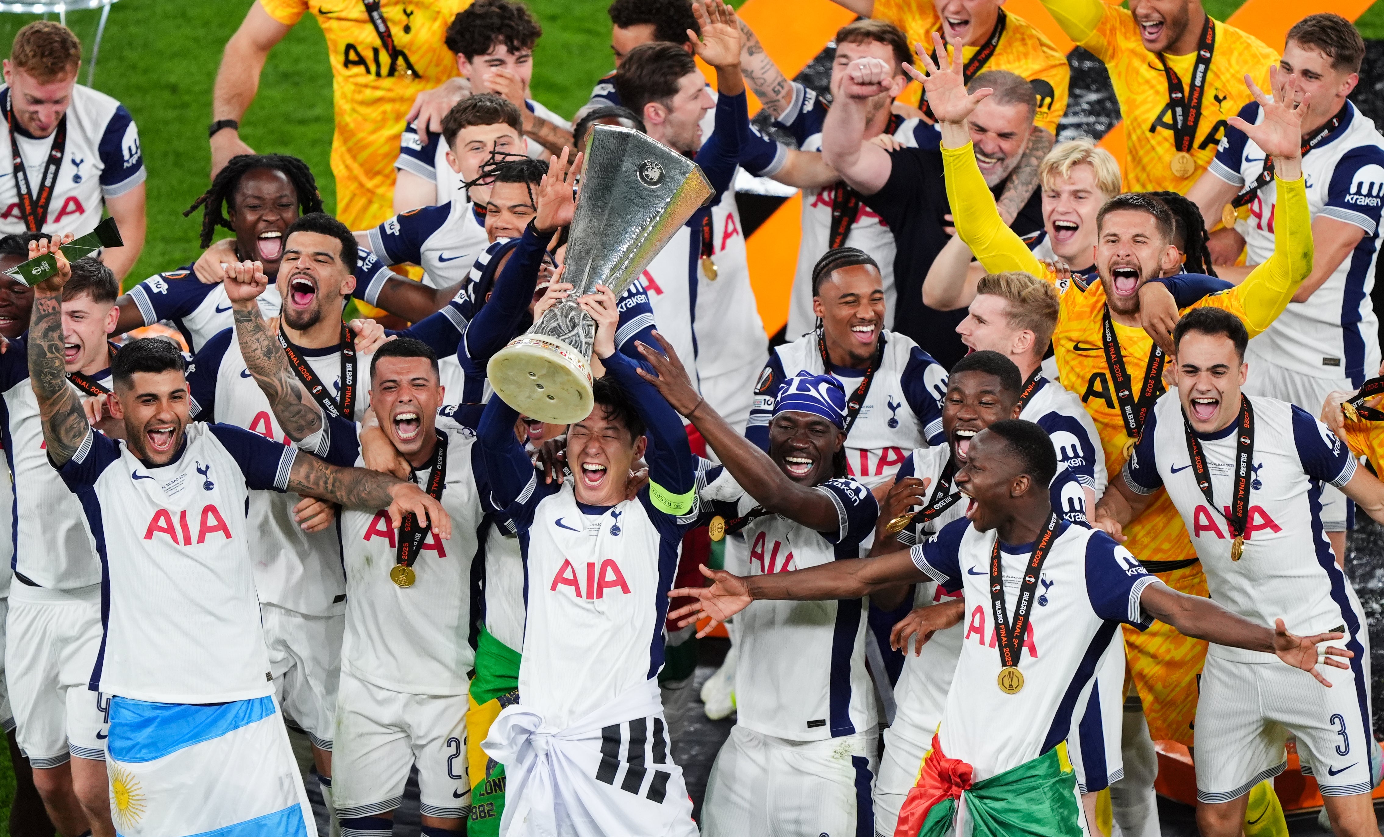 Tottenham Hotspur's Son Heung Min lifts the Europa League trophy