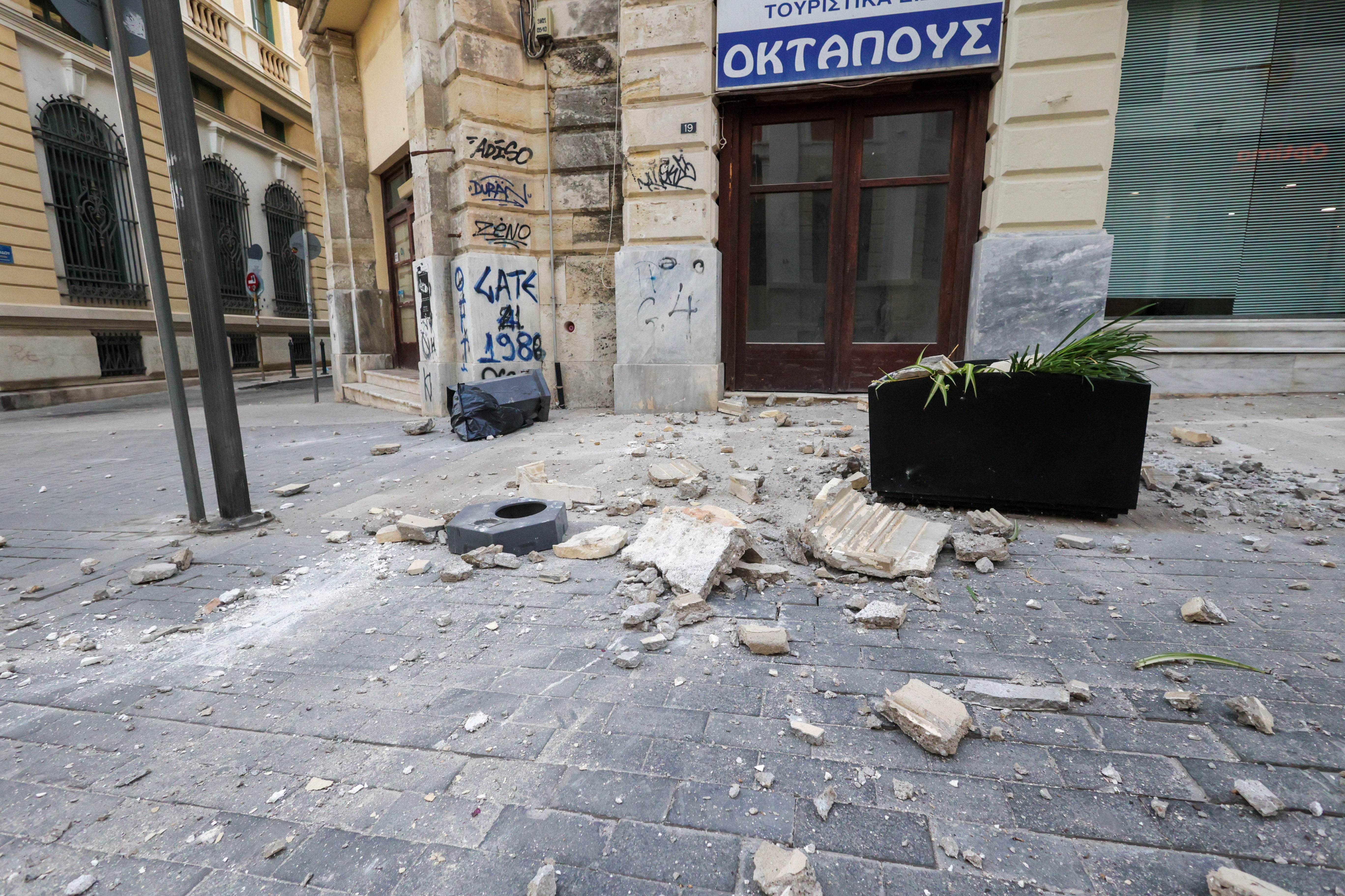 Fallen debris following an earthquake that hit the island of Crete, in Heraklion, Greece