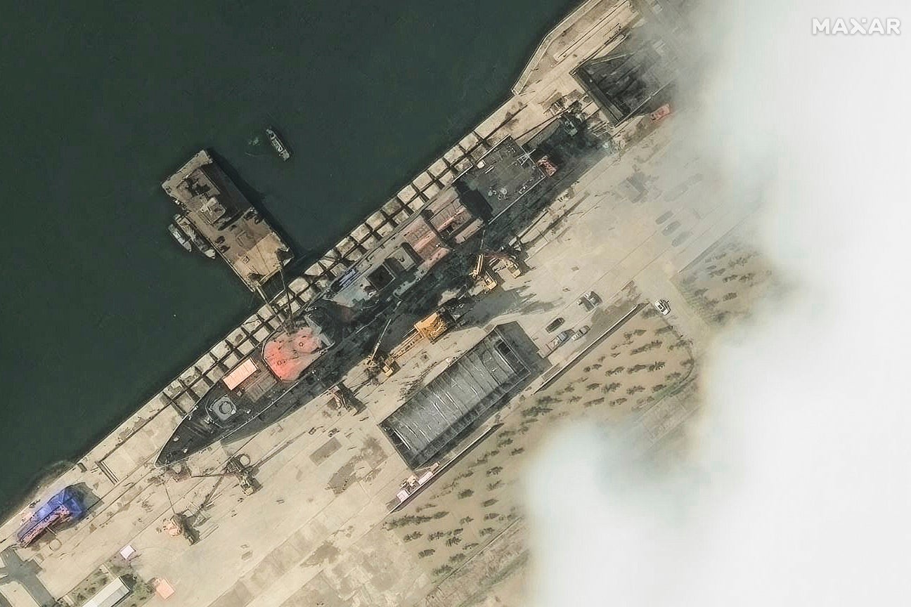 This satellite image provided by Maxar Technologies shows North Korea's new naval destroyer in Chongjin