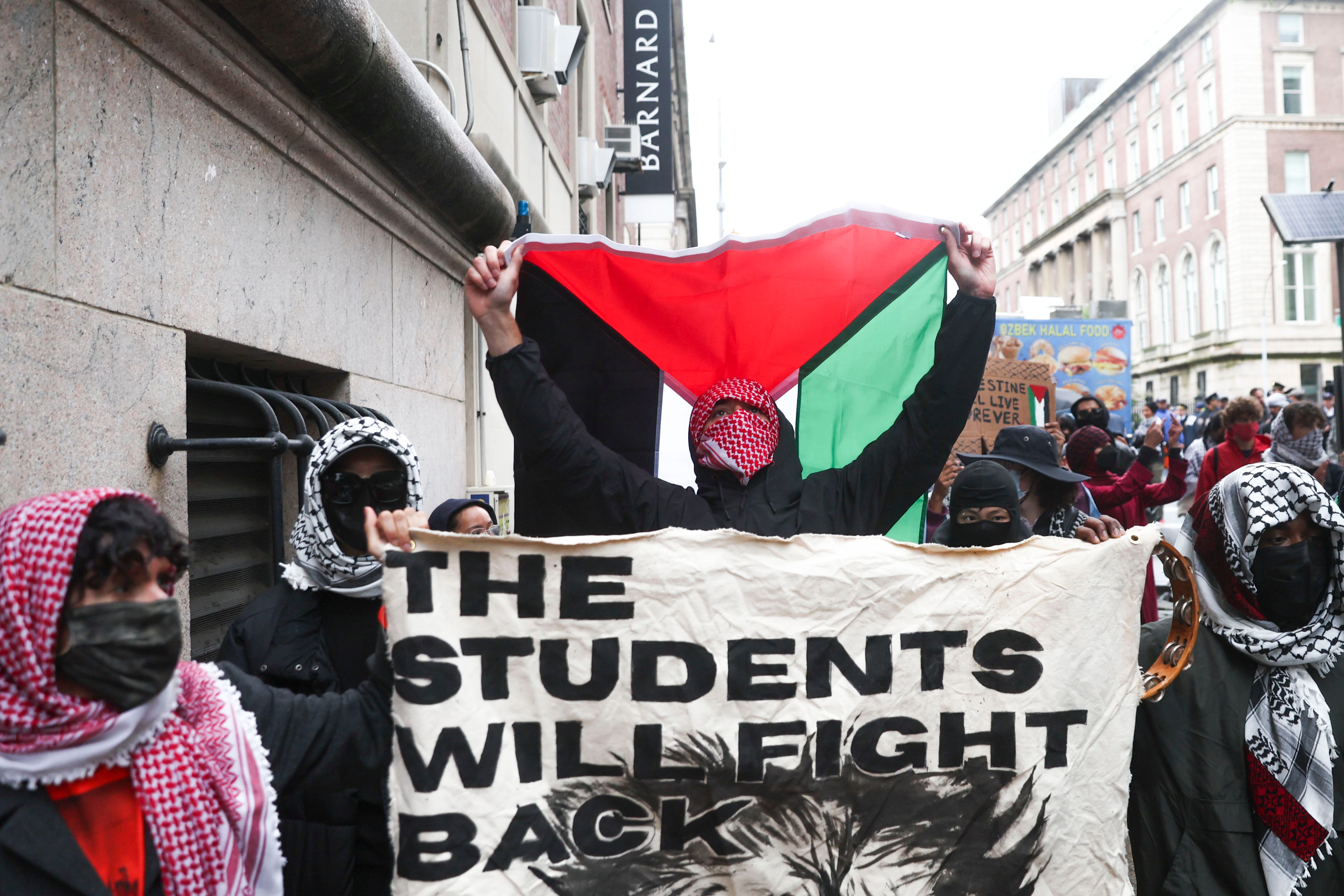 A group of protesters in support of Palestinians march away from Columbia University on Wednesday, May 21, 2025