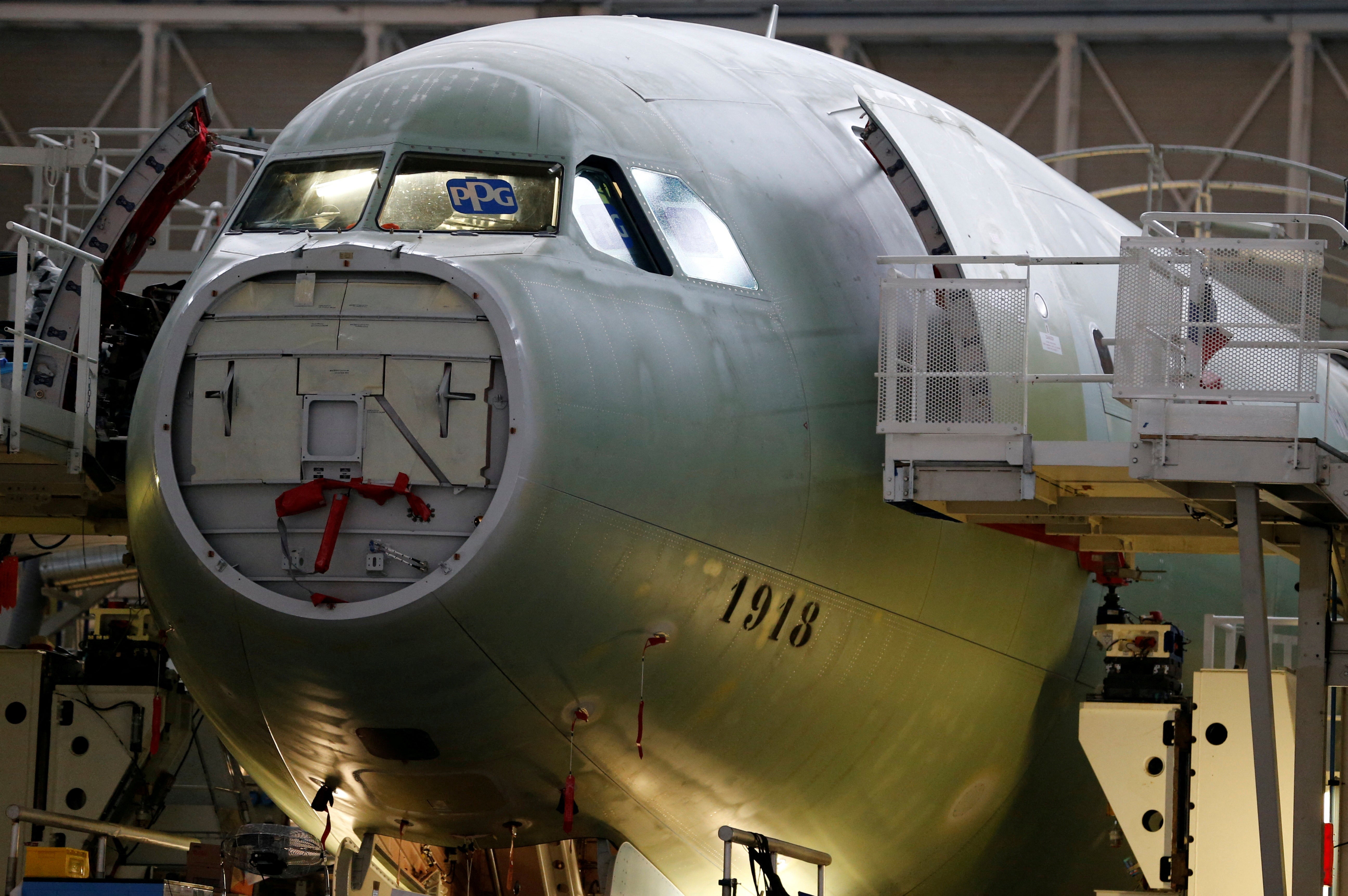 An Airbus A330 is pictured on its final assembly line at Airbus headquarters in Colomiers, near Toulouse, France. The company has already warned that if tariffs impact imports, the company would prioritize non-U.S. customers.