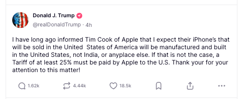 Trump posted the threat on Truth Social. While in Qatar last week, Trump spoke about his frustration over Apple’s plans to move manufacturing to India after the president’s trade tariff battle with China.