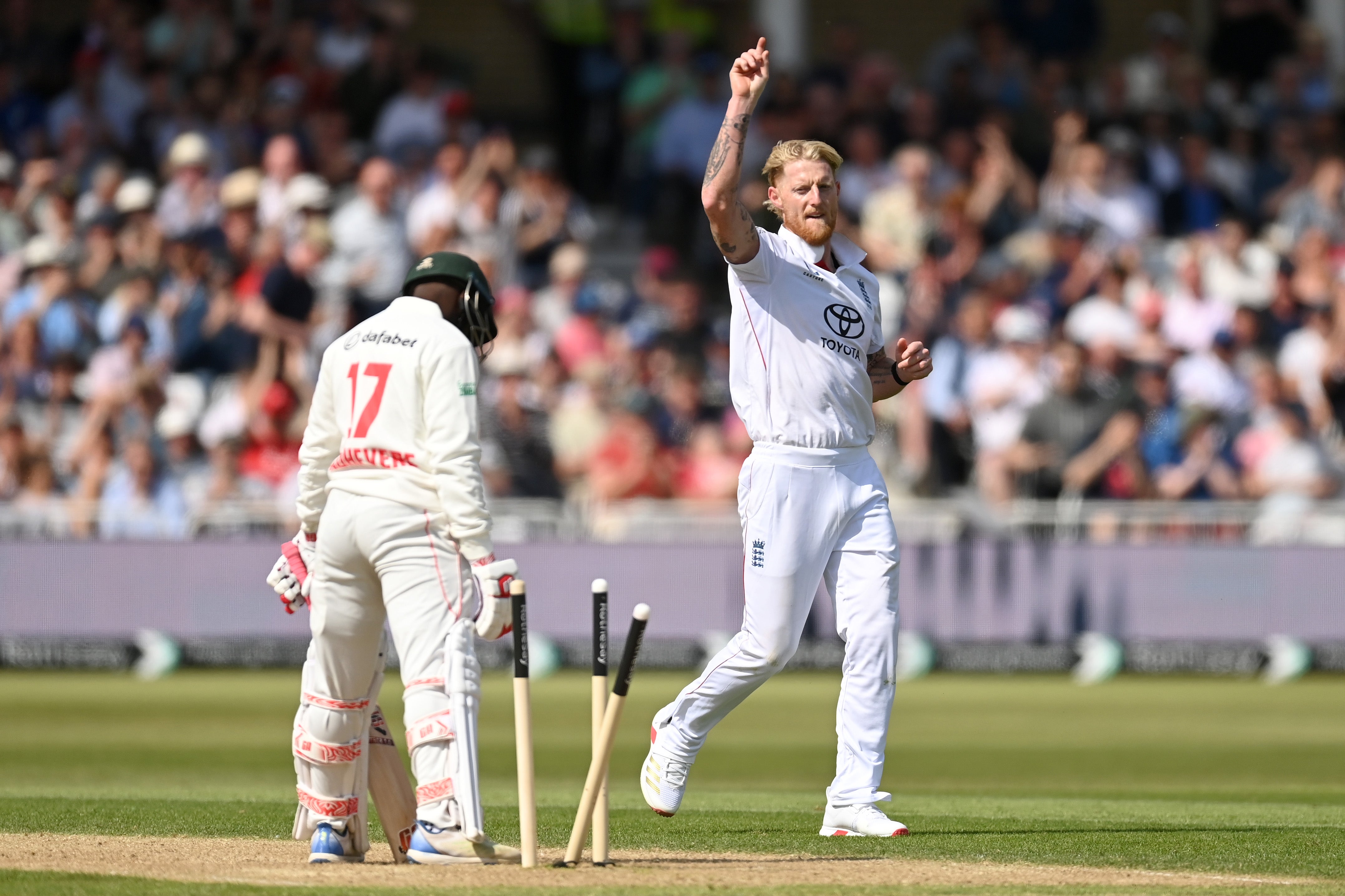 Ben Stokes celebrates after he bowls out Wessley Madhevere