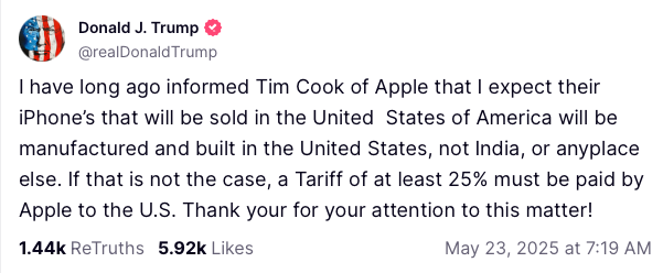 This screen grab of Donald Trump's Truth Social post shows his latest threat against Apple