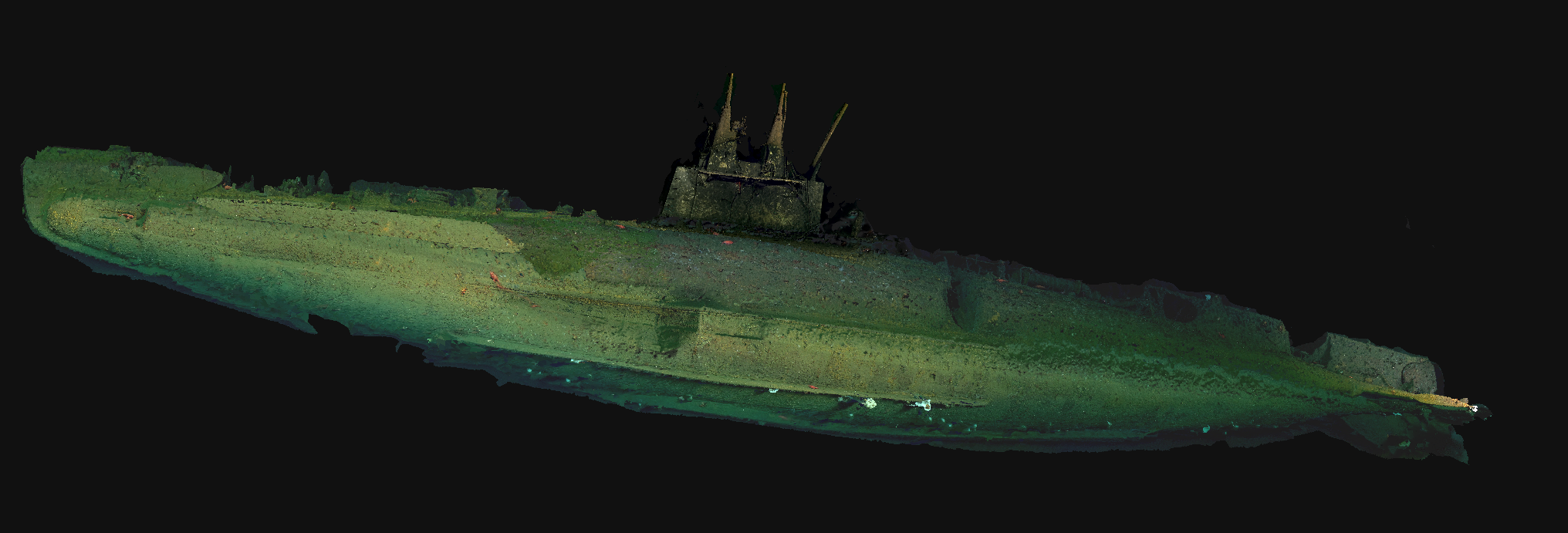 A photogrammetric reconstruction shows the USS F-1 submarine on the San Diego, California, seafloor. New images and video of the sunken vessel were released this week