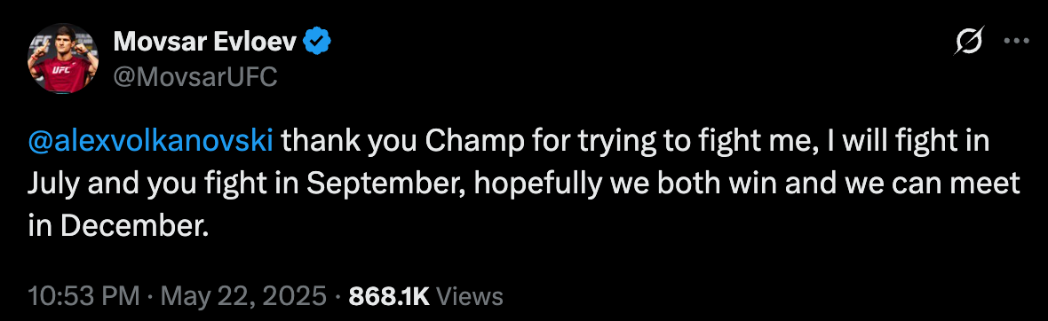 Movsar Evloev sending a message to Alexander Volkanovski on X