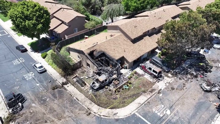 Drone footage of aftermath of plane crash in San Diego