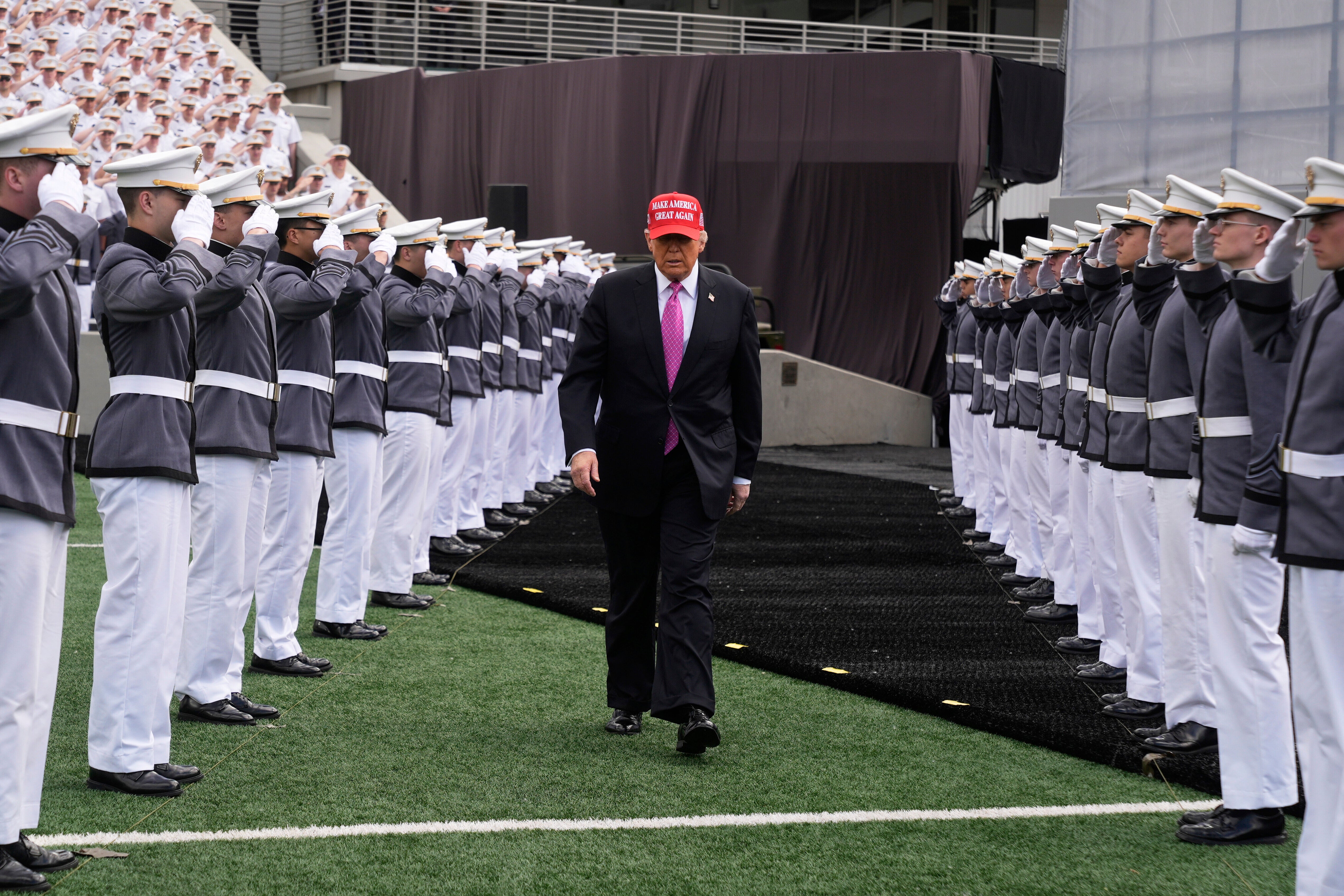Trump arrives to deliver his commencement speech at West Point. The president discussed his efforts to end DEI programs and his crackdown on immigration