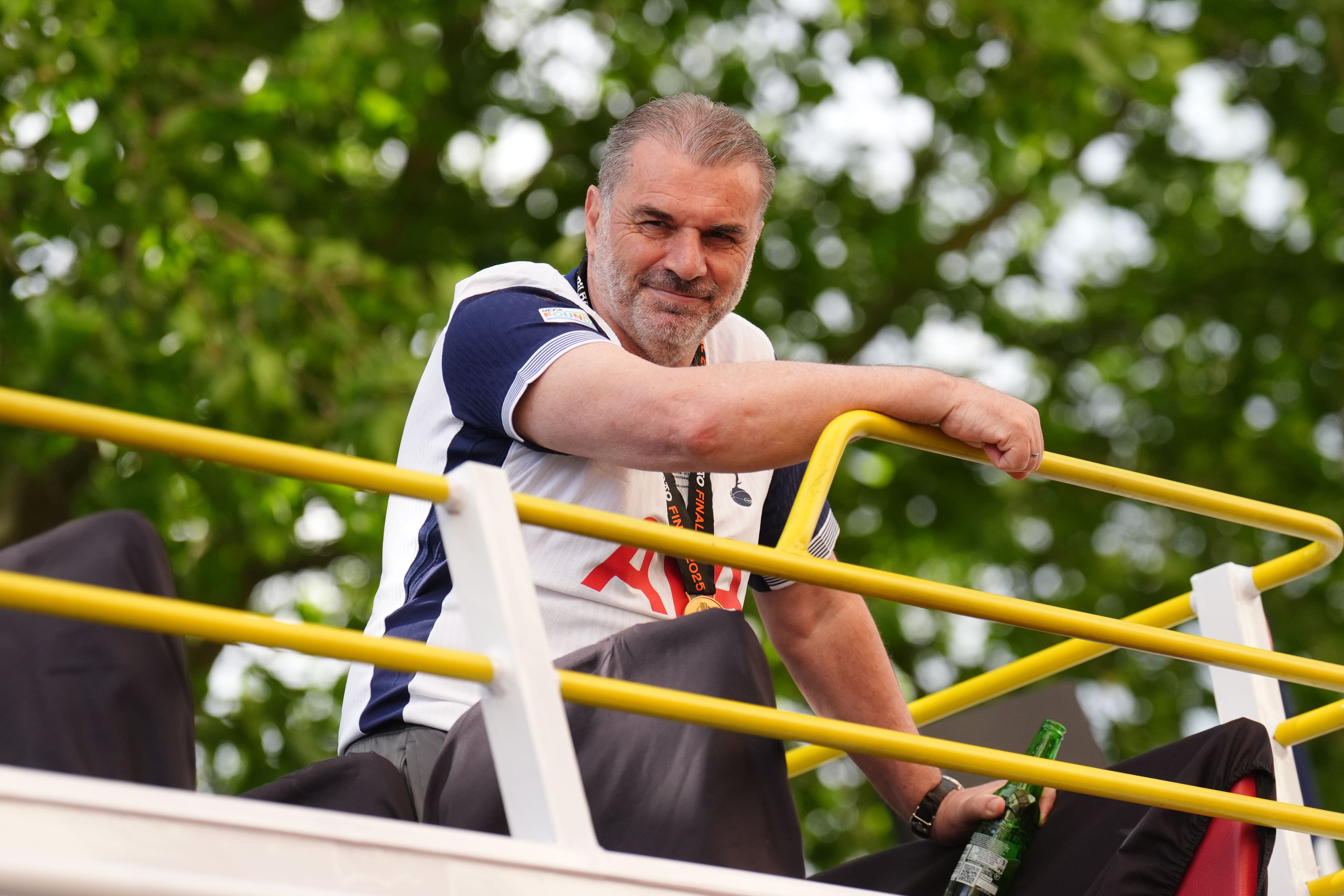 Tottenham manager Ange Postecoglou has yet to discuss his future with the club in the wake of the Europa League final win (John Walton/PA).