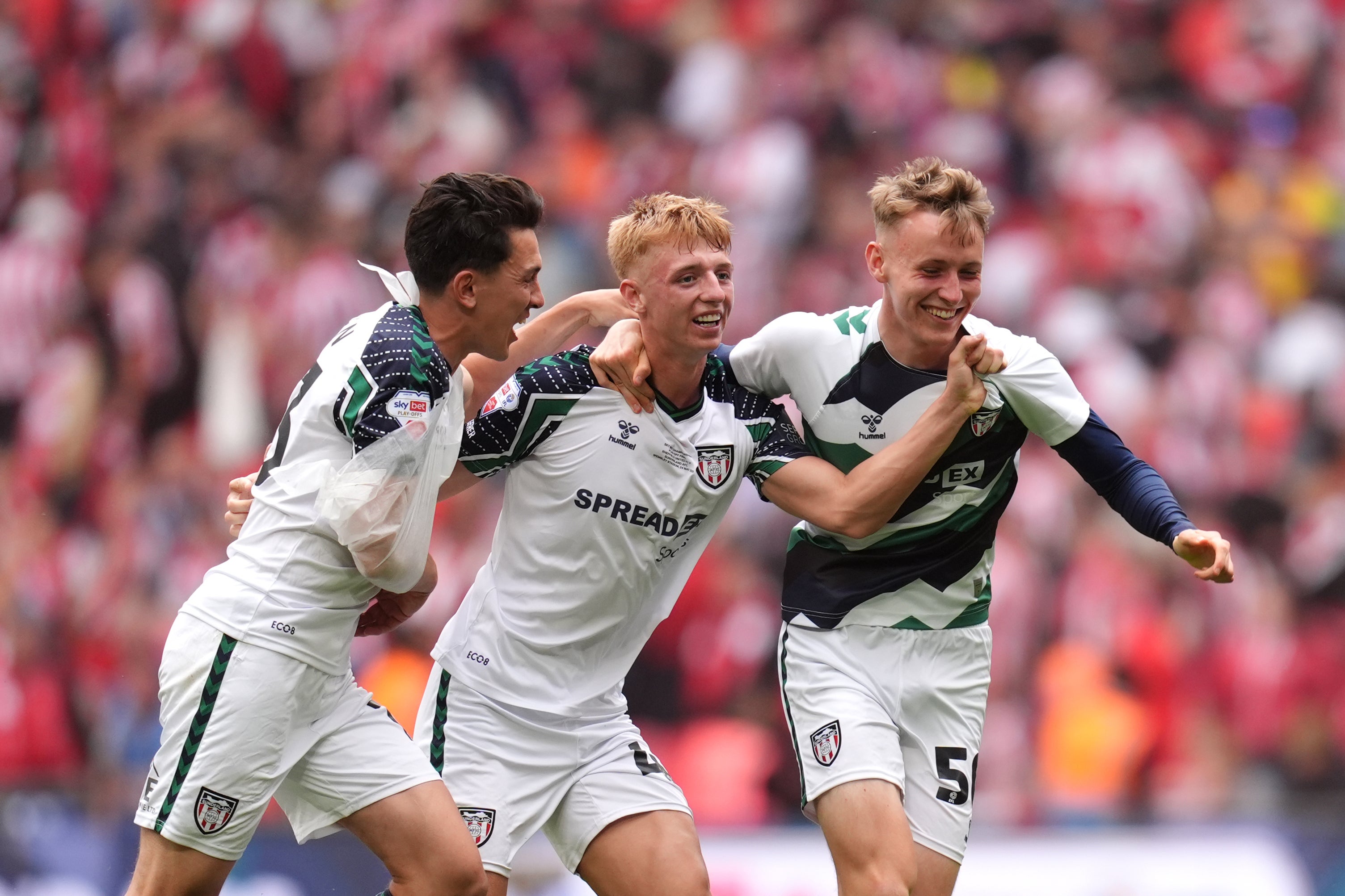 Sunderland’s (left to right) Luke O’Nien, Tom Watson and Harrison Jones celebrated at the final whistle