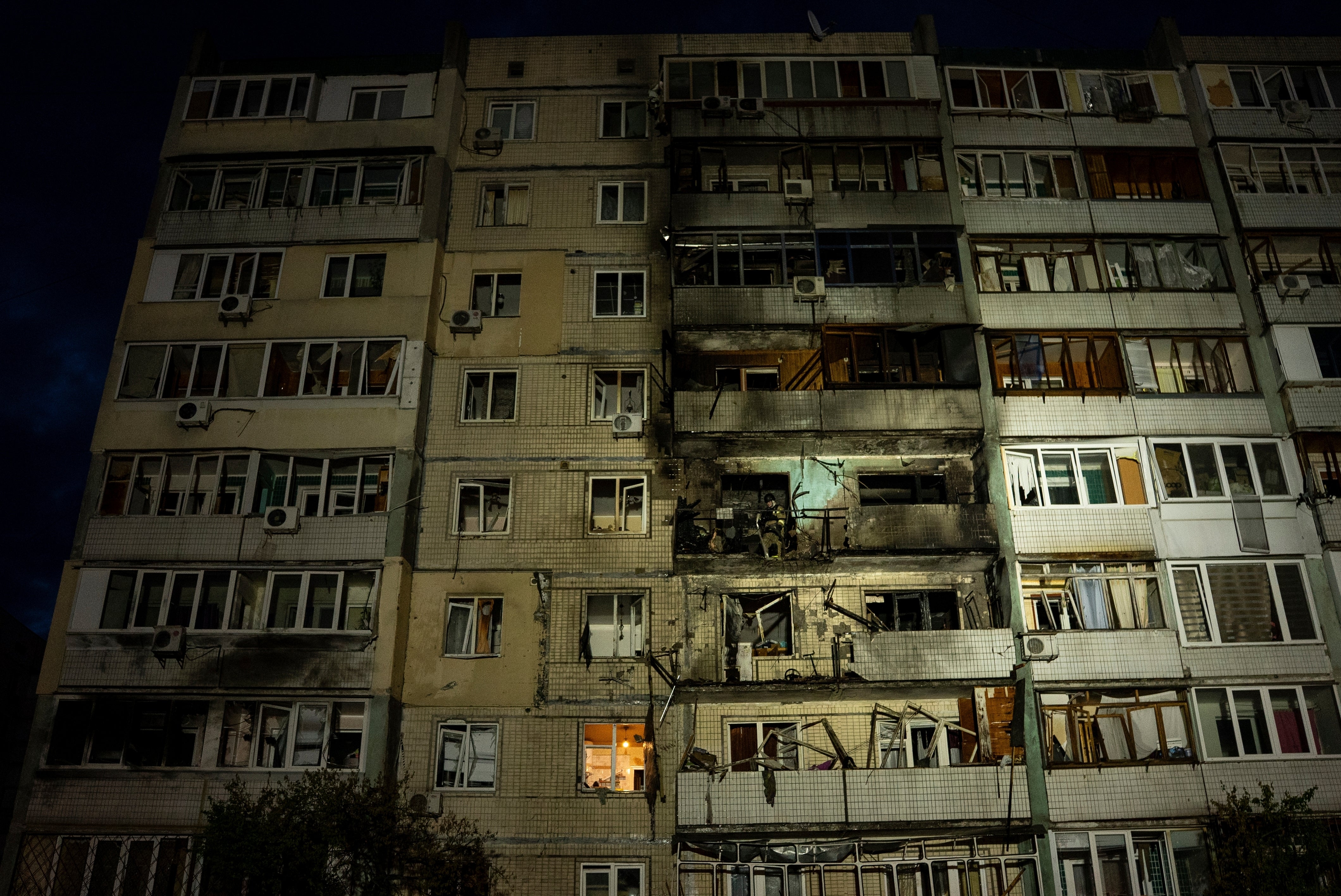 A residential building is seen damaged after a Russian attack in Kyiv, Ukraine, Saturday, May 24, 2025. (AP Photo/Alex Babenko)