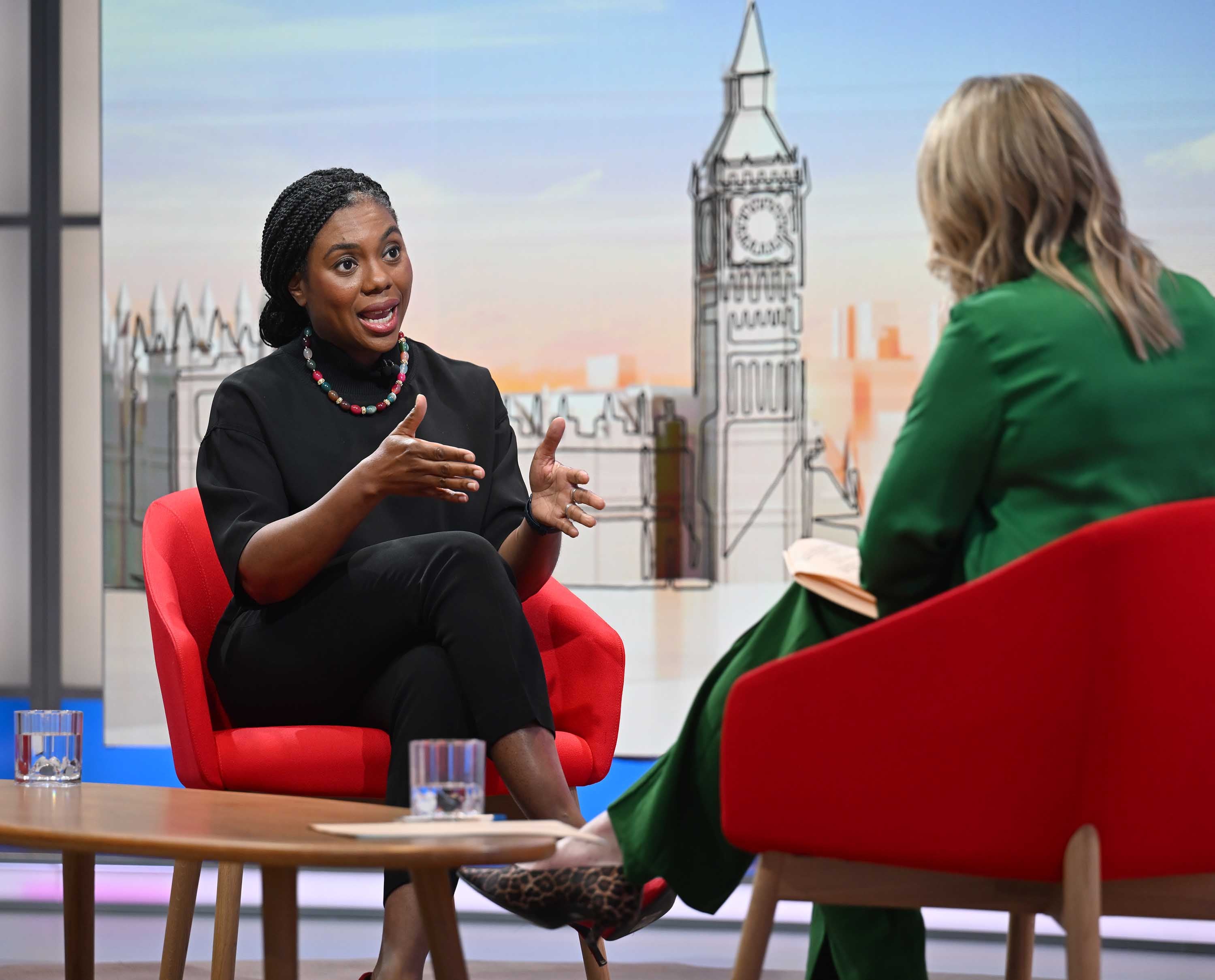 Conservative leader Kemi Badenoch, left, on Sunday With Laura Kuenssberg