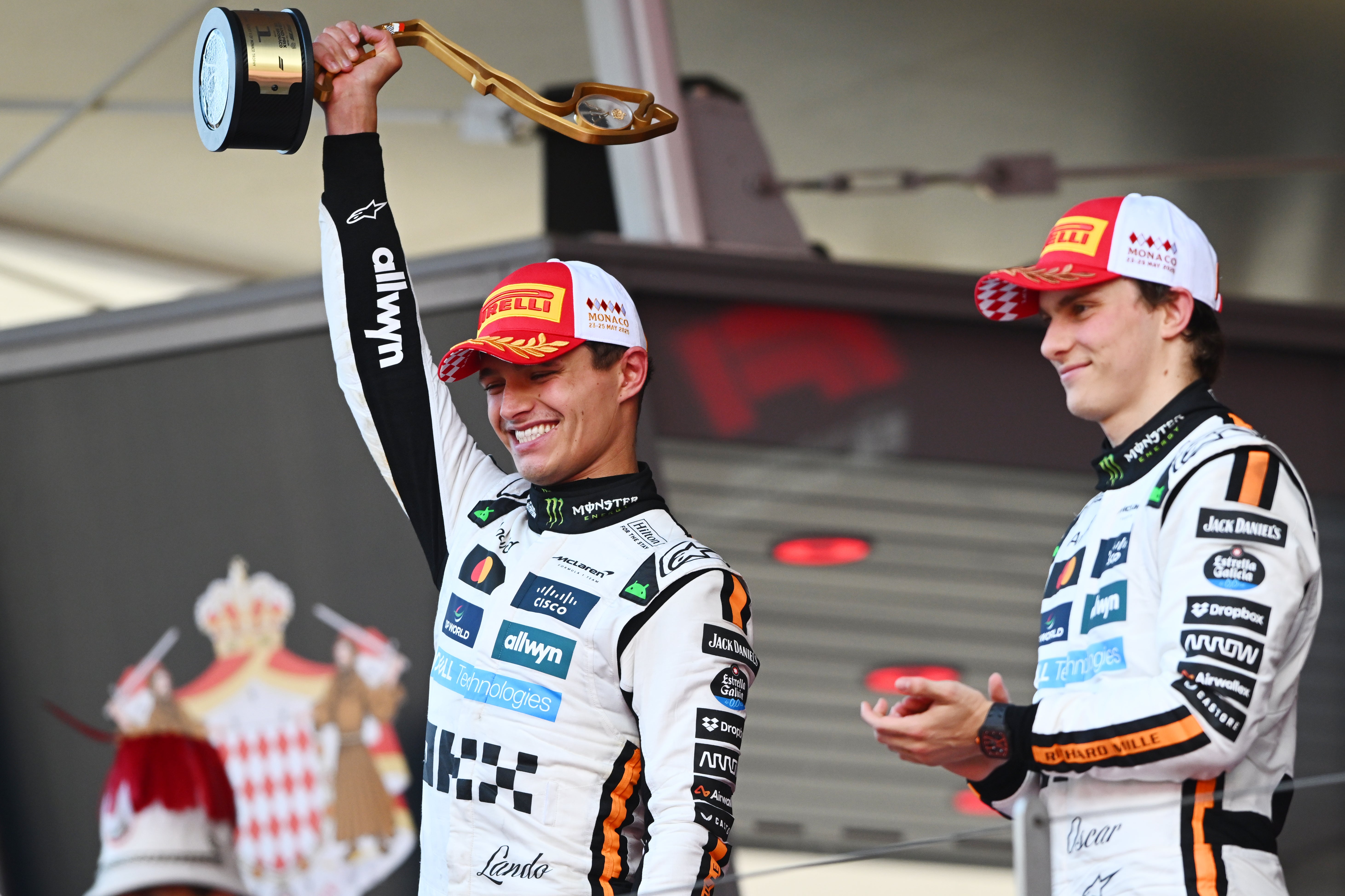 Lando Norris celebrates winning the Monaco Grand Prix