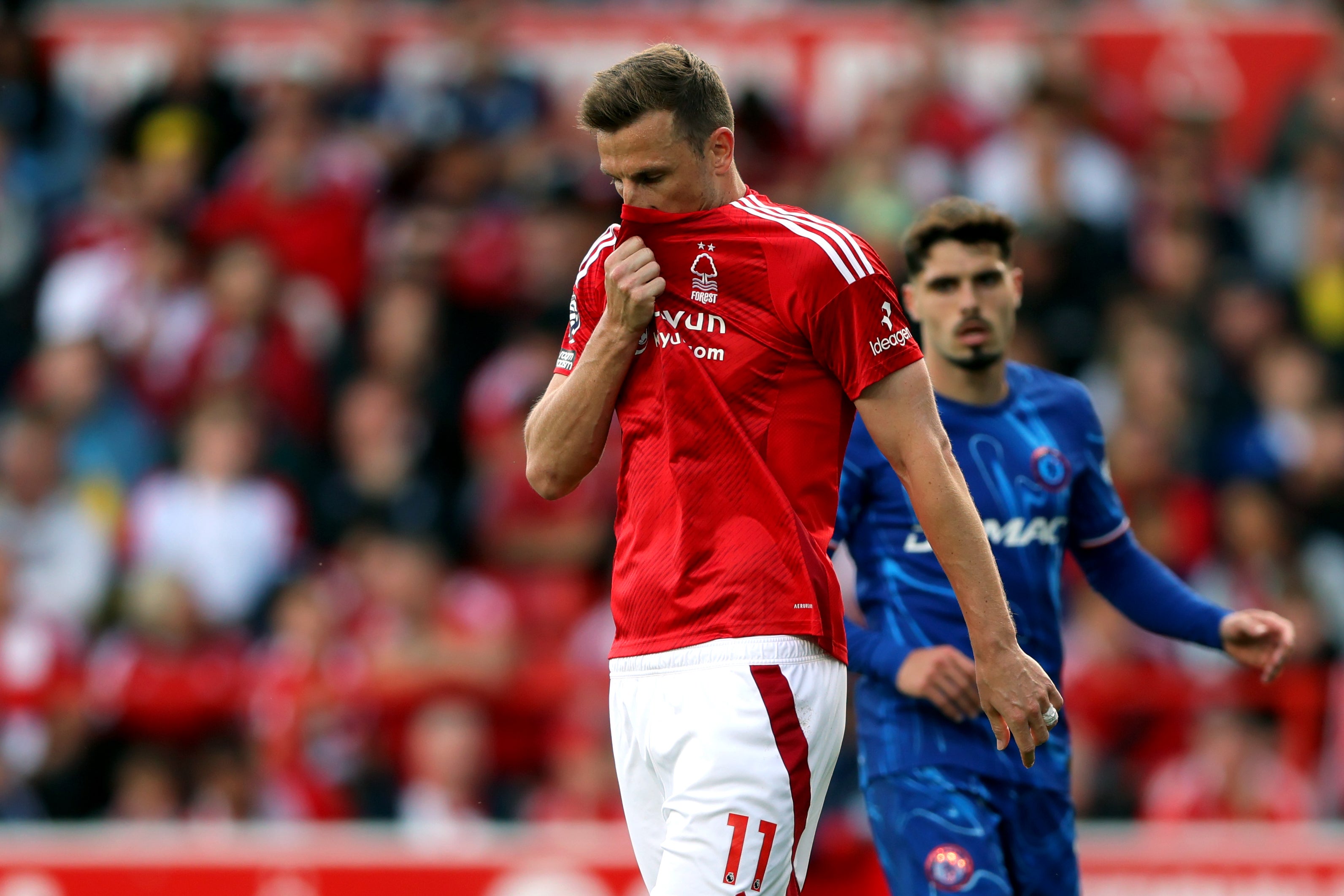 Nottingham Forest's Chris Wood looks dejected against Chelsea