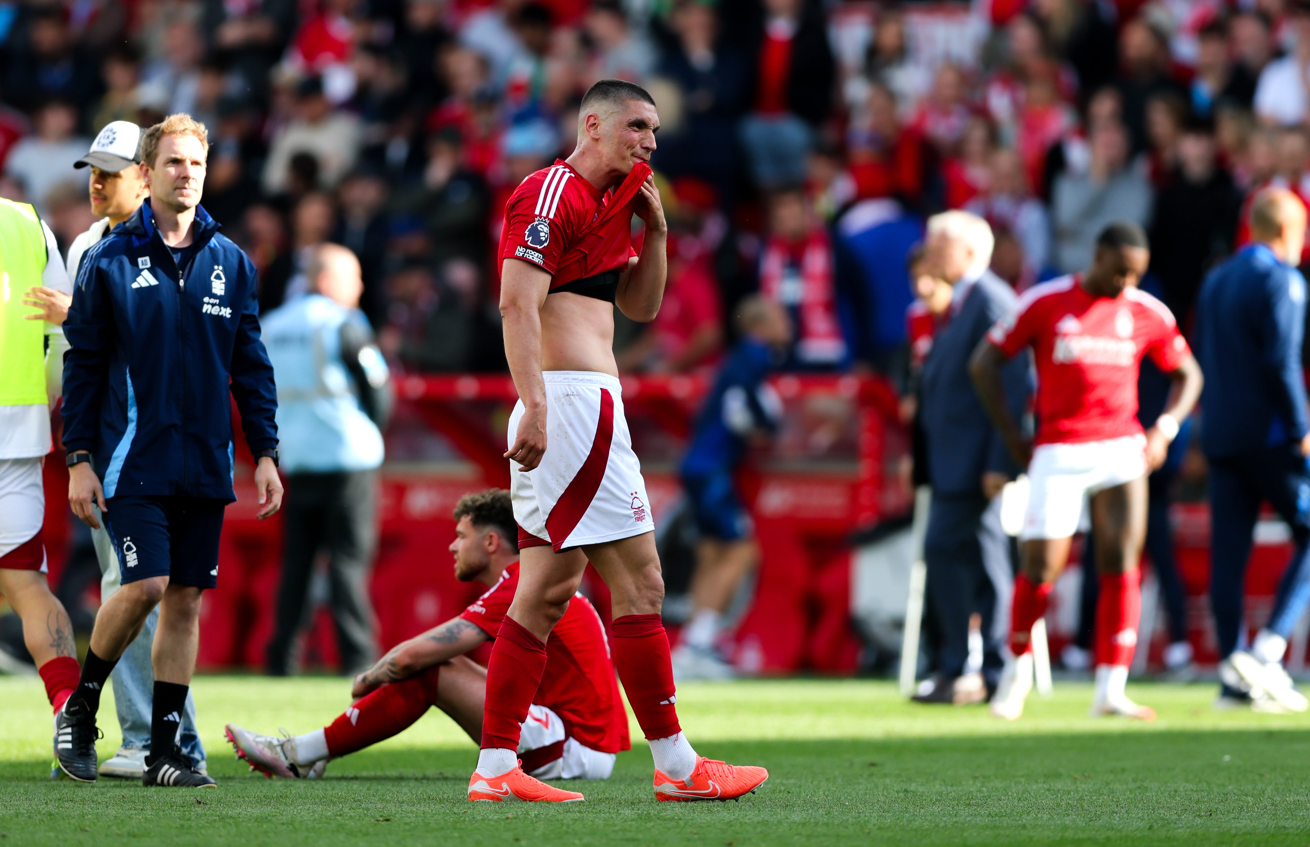 Nottingham Forest’s Nikola Milenkovic looks dejected after the game