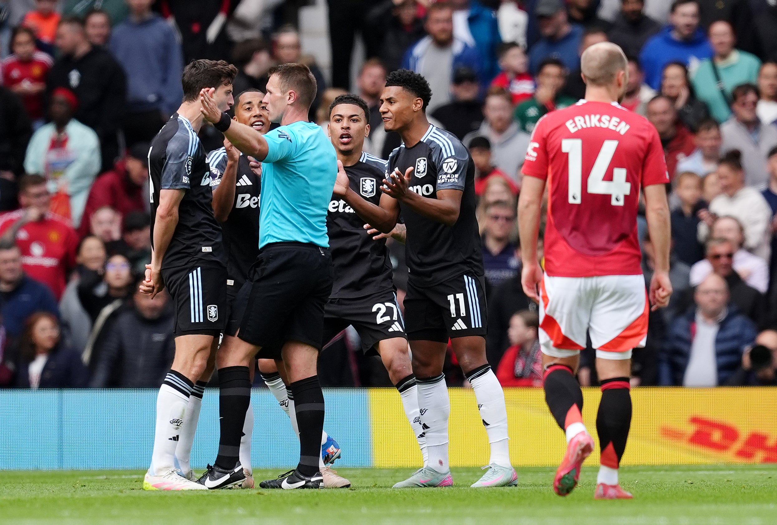 Morgan Rogers, centre right, and his Aston Villa team-mates react after his goal was disallowed (Martin Rickett/PA)