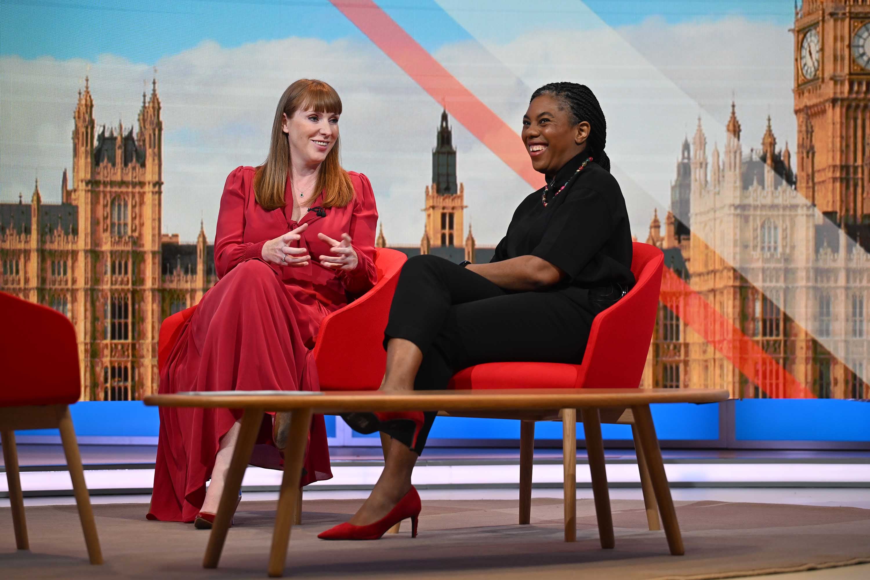 Deputy Prime Minister Angela Rayner (left) and Conservative Party leader Kemi Badenoch, waiting to appear on Sunday with Laura Kuenssberg (Jeff Overs/BBC/PA)