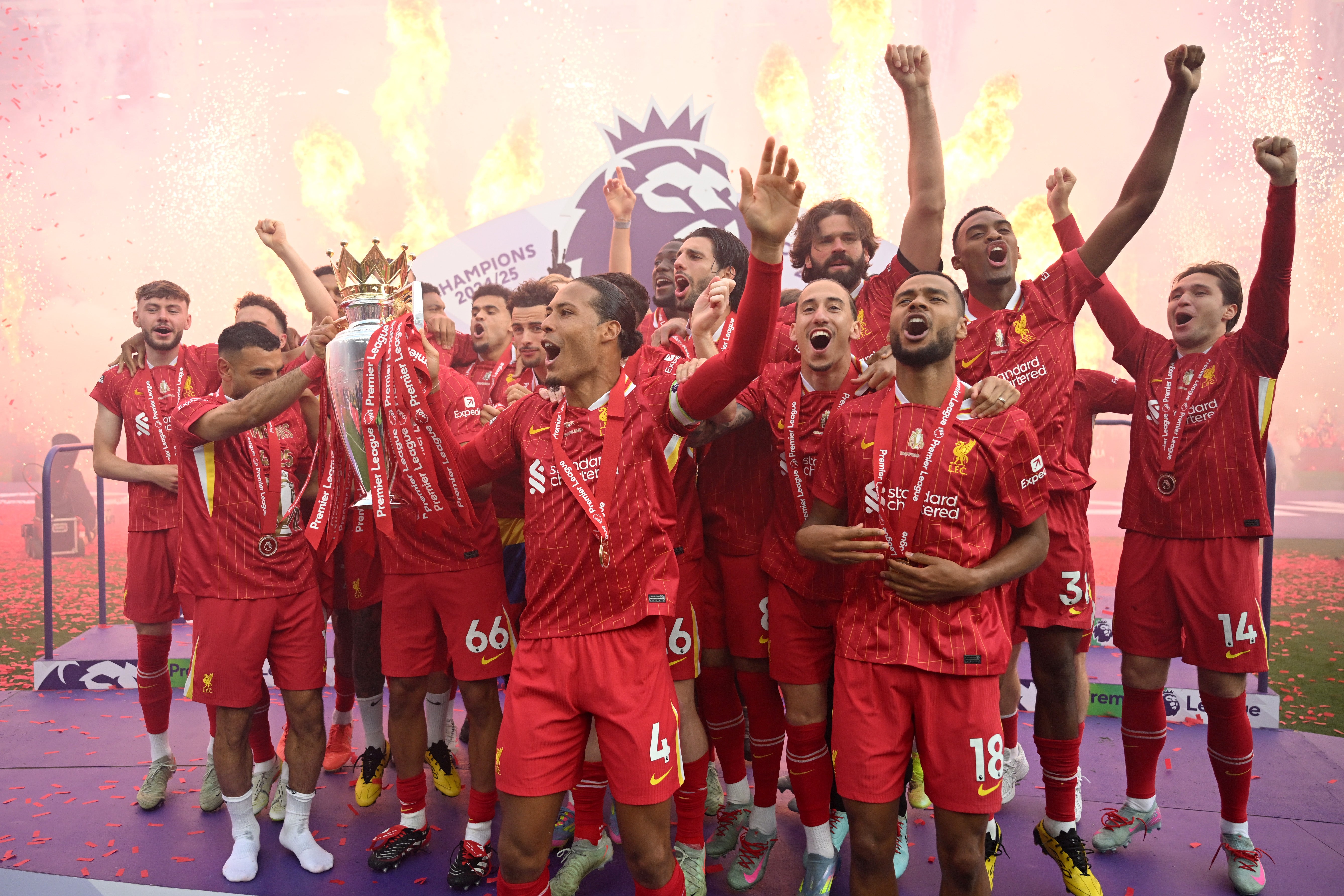 Mohamed Salah and Virgil van Dijk of Liverpool, lift the Premier League trophy