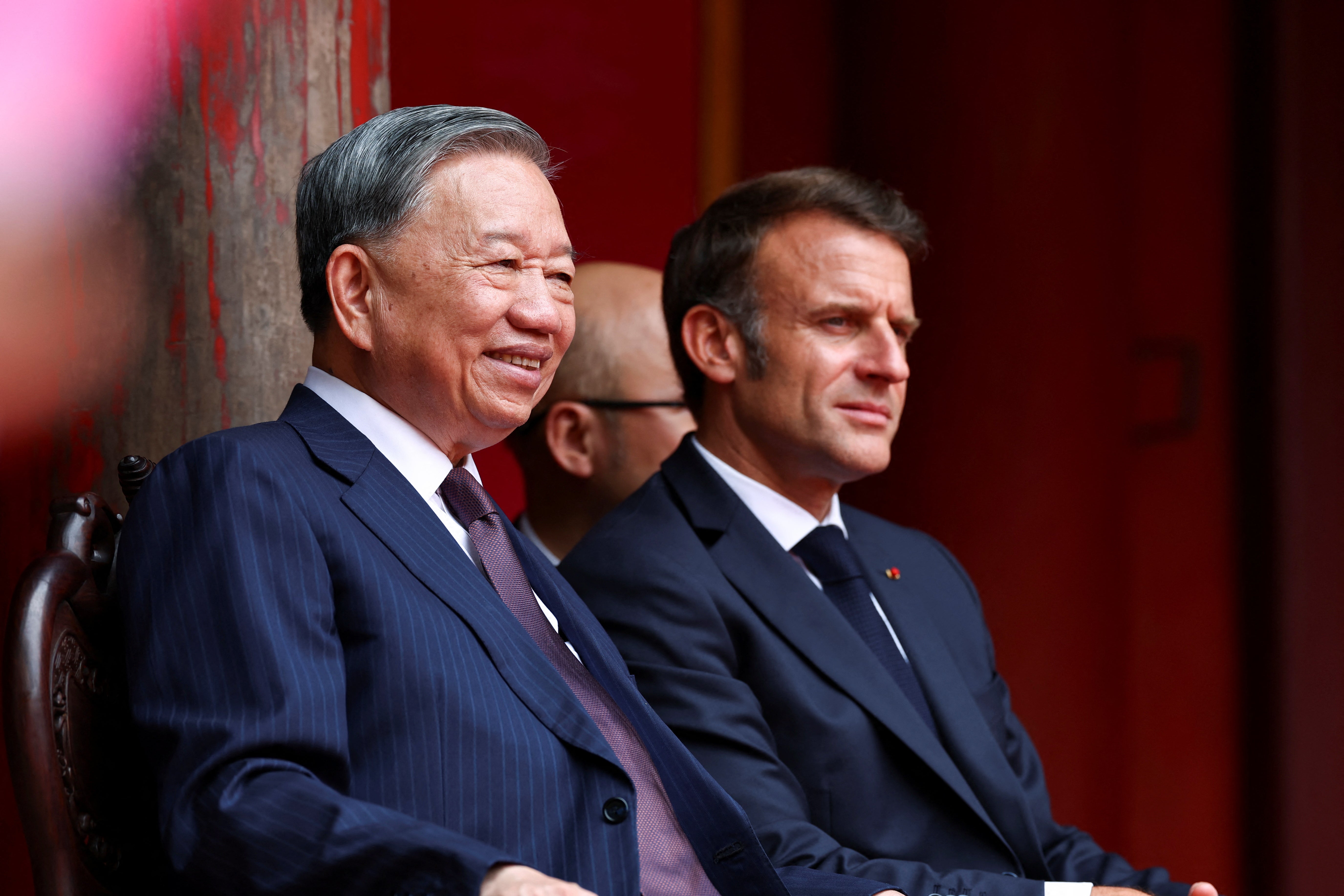 Macron arrived in Vietnam for the first leg of his Southeast Asian tour, where he attended a luncheon with Vietnamese Communist Party leader To Lam at Van Mieu in Hanoi.