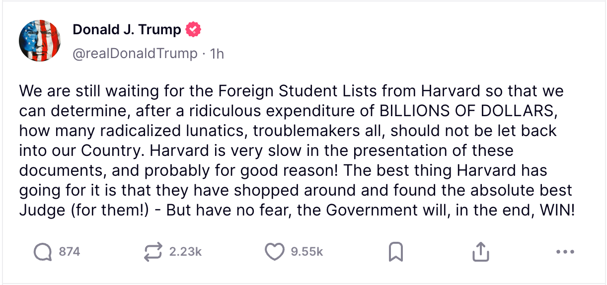 Screengrab of Trump's Truth Social attacking Harvard University on Memorial Day