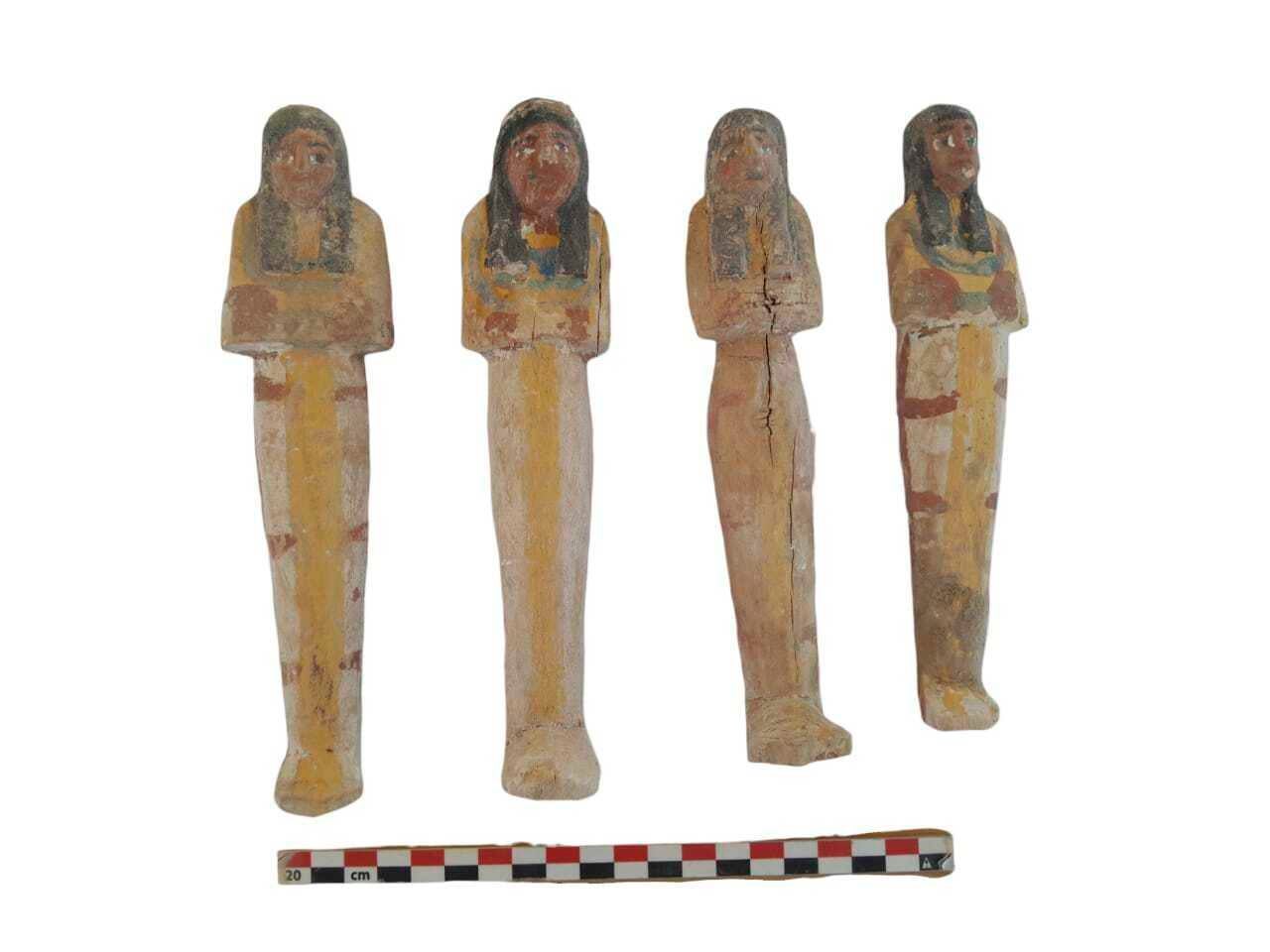 Artifacts are displayed that were found in the three new graves of senior statesmen found in the Dra' Abu al-Naga necropolis area in Luxor, Egypt