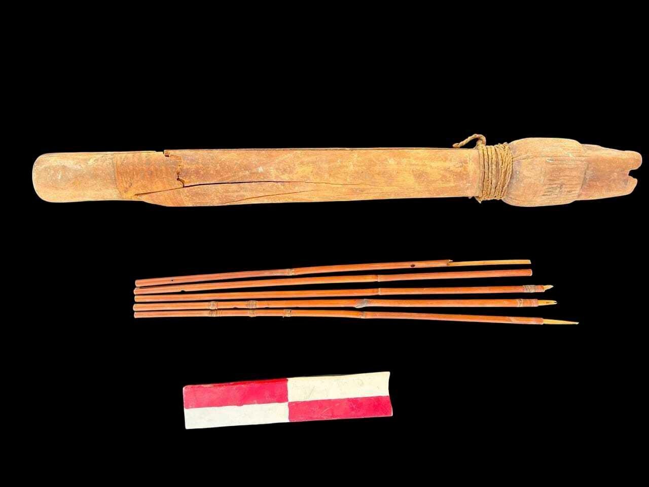 Artifacts are displayed that were found in the three new graves of senior statesmen found in the Dra' Abu al-Naga necropolis area in Luxor, Egypt. (Egypt Ministry of Tourism and Antiquities via AP)