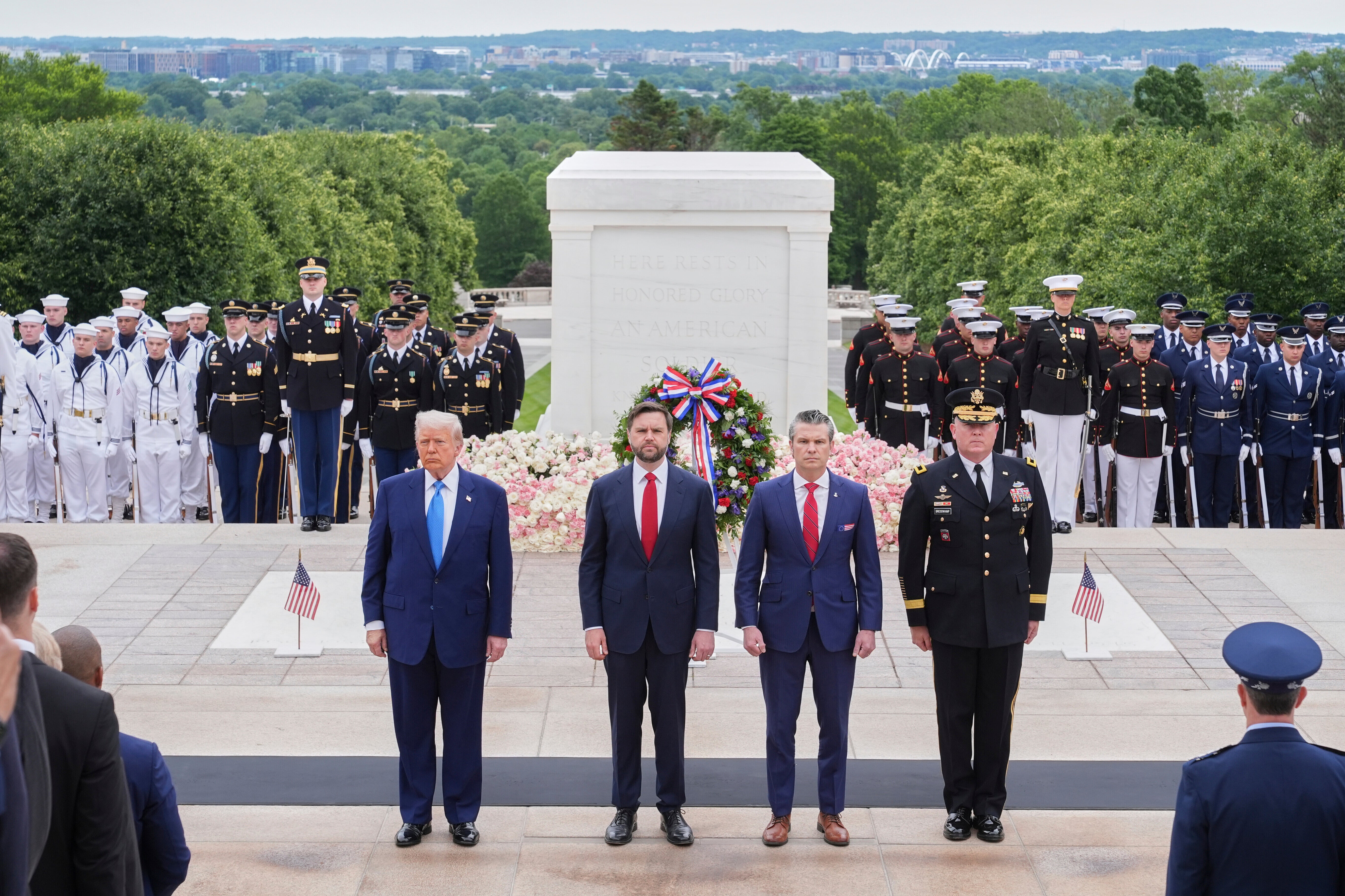 President Donald Trump, Vice President JD Vance, Secretary of Defense Pete Hegseth, and Major General Trevor Bredenkamp at Arlington National Cemetery on Memorial Day