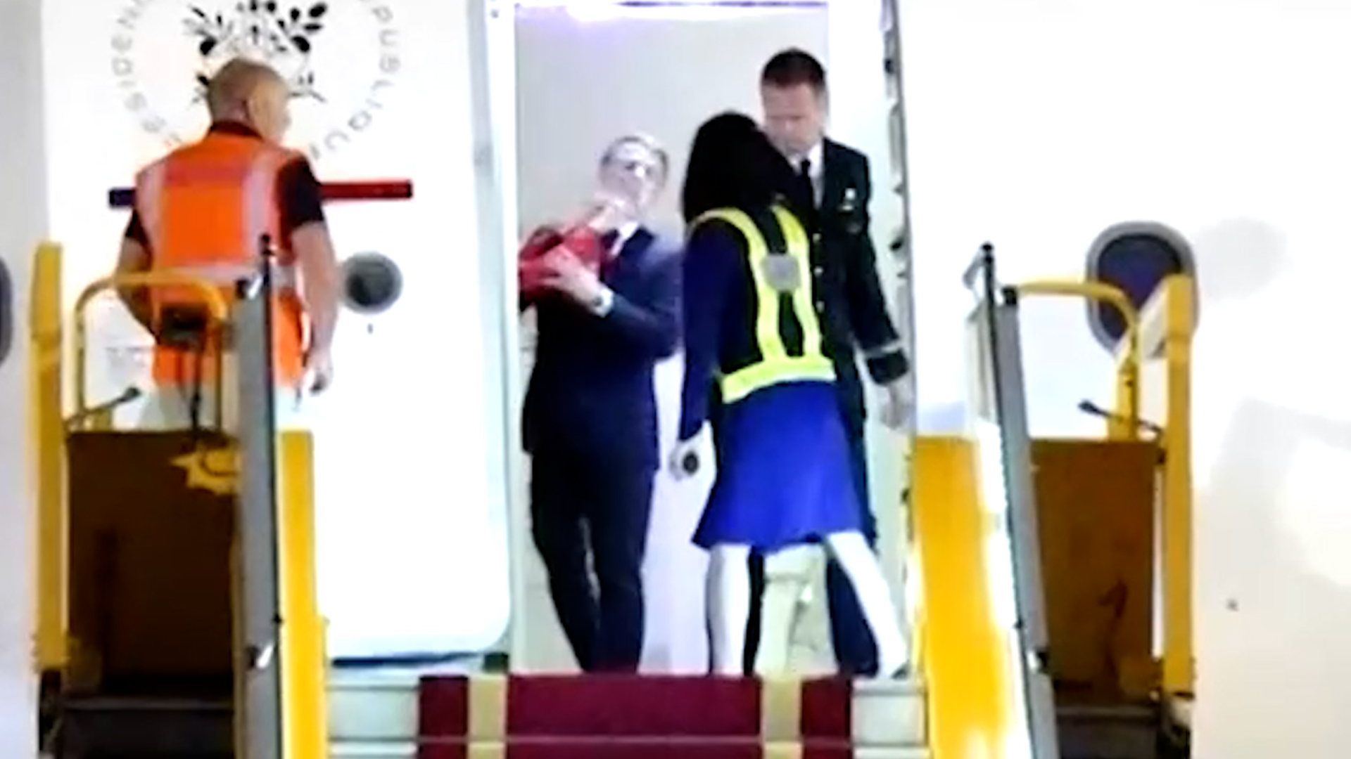 Days earlier footage captured Ms Macron appearing to shove her husband’s face before he disembarked the flight